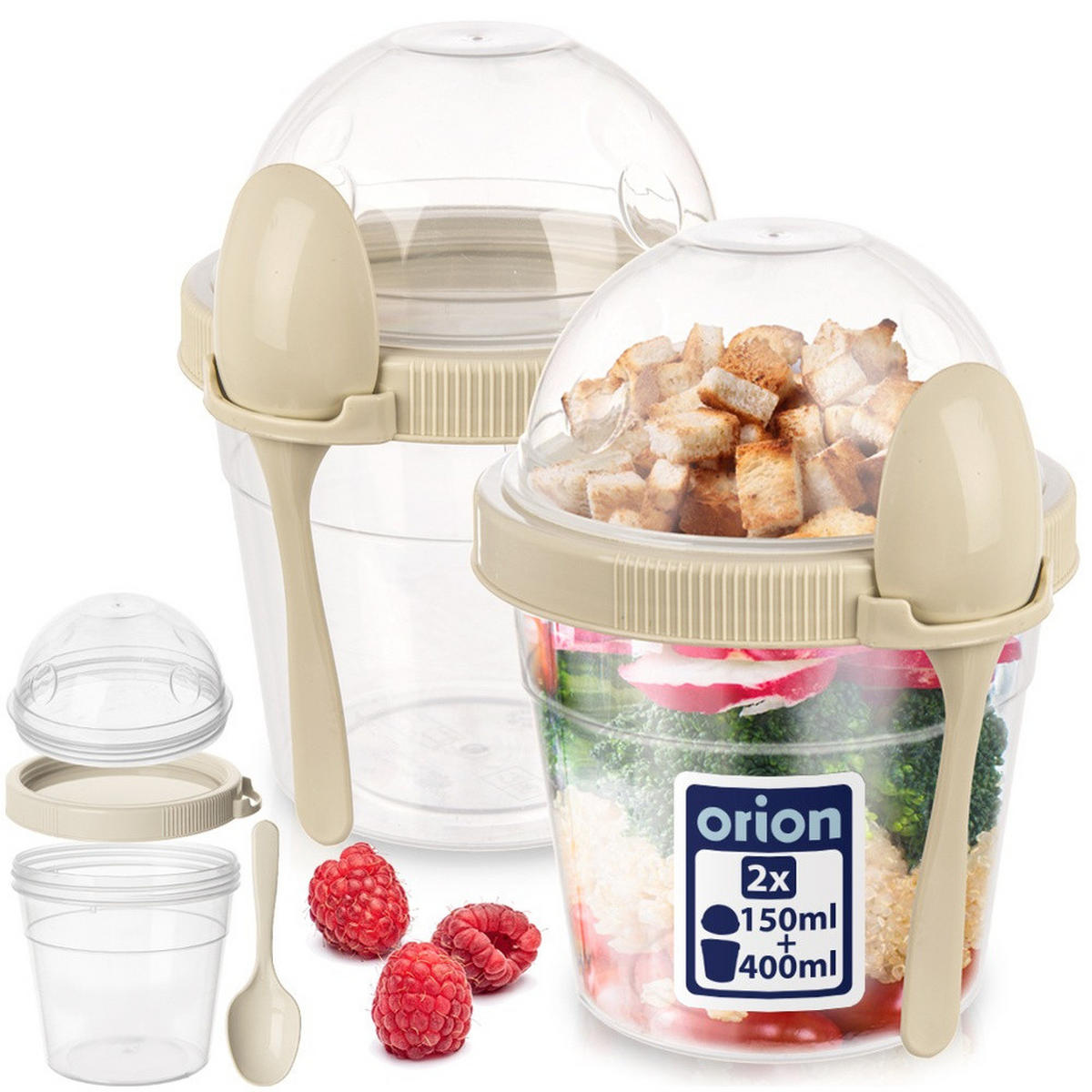 JOGHURTBECHER mit Löffel für die Lunchbox 400 ml 2 Stück. - Cappuccino, Kunststoff (11.5/13.5/10.5cm) - Orion 