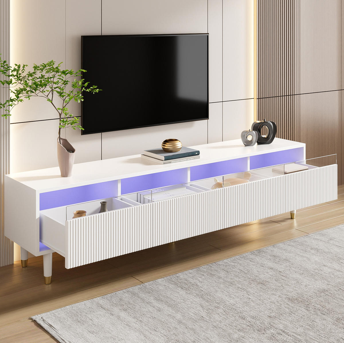 TV-SCHRANK 178/35/45 cm weiß MDF mit 4 Schubladen und Kabelmanagement - Weiß, Holzwerkstoff (178/45/35cm) - OKWISH