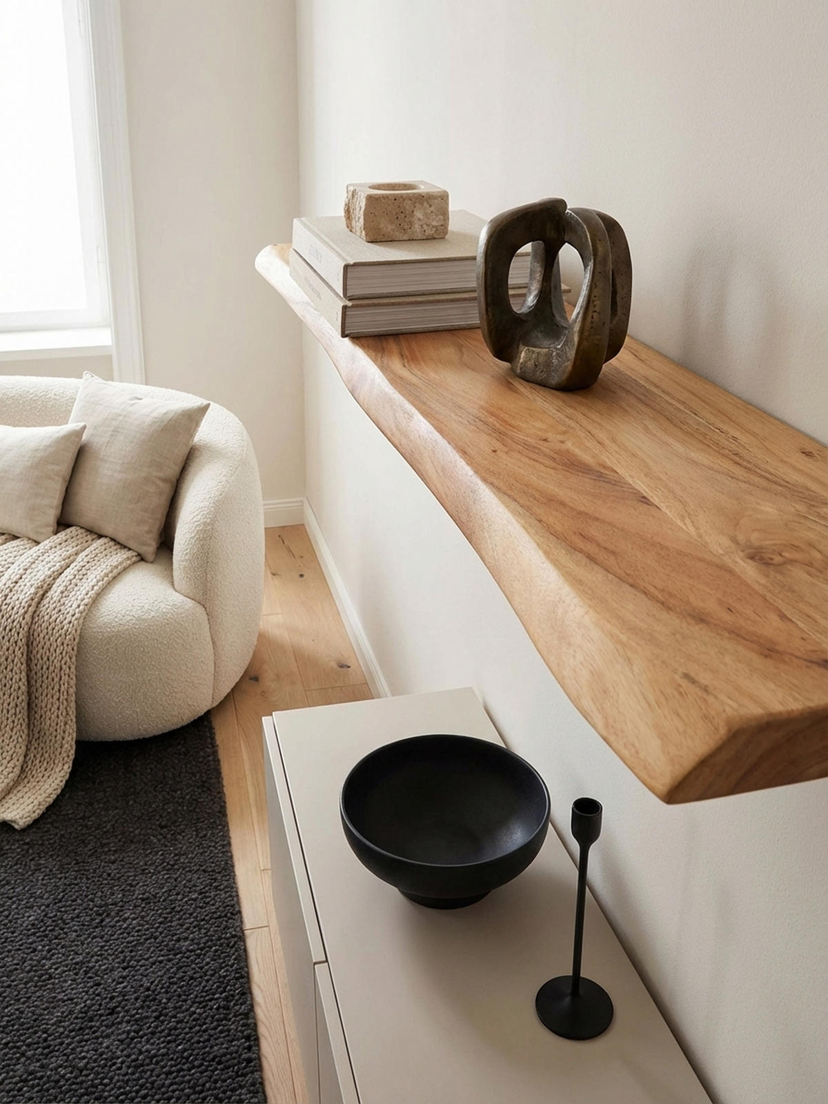 WANDREGAL Akazienholz Baumkante Rustikal, Beige 115x25x4 cm - Beige, Holz (115/4/25cm) - KADIMA DESIGN