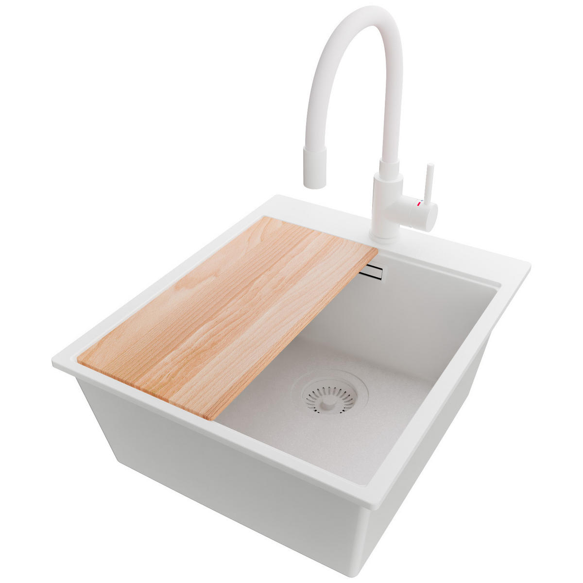 GRANITSPÜLE Oslo, 2-er set Alles Weiß 43/50 cm 1 Becken + Küchenarmatur 38/14 cm + Ablauf-Set + Schneidebrett ab 45er Unterschrank - Beige/Weiß, Kunststoff (43/20/50cm) - Primagran