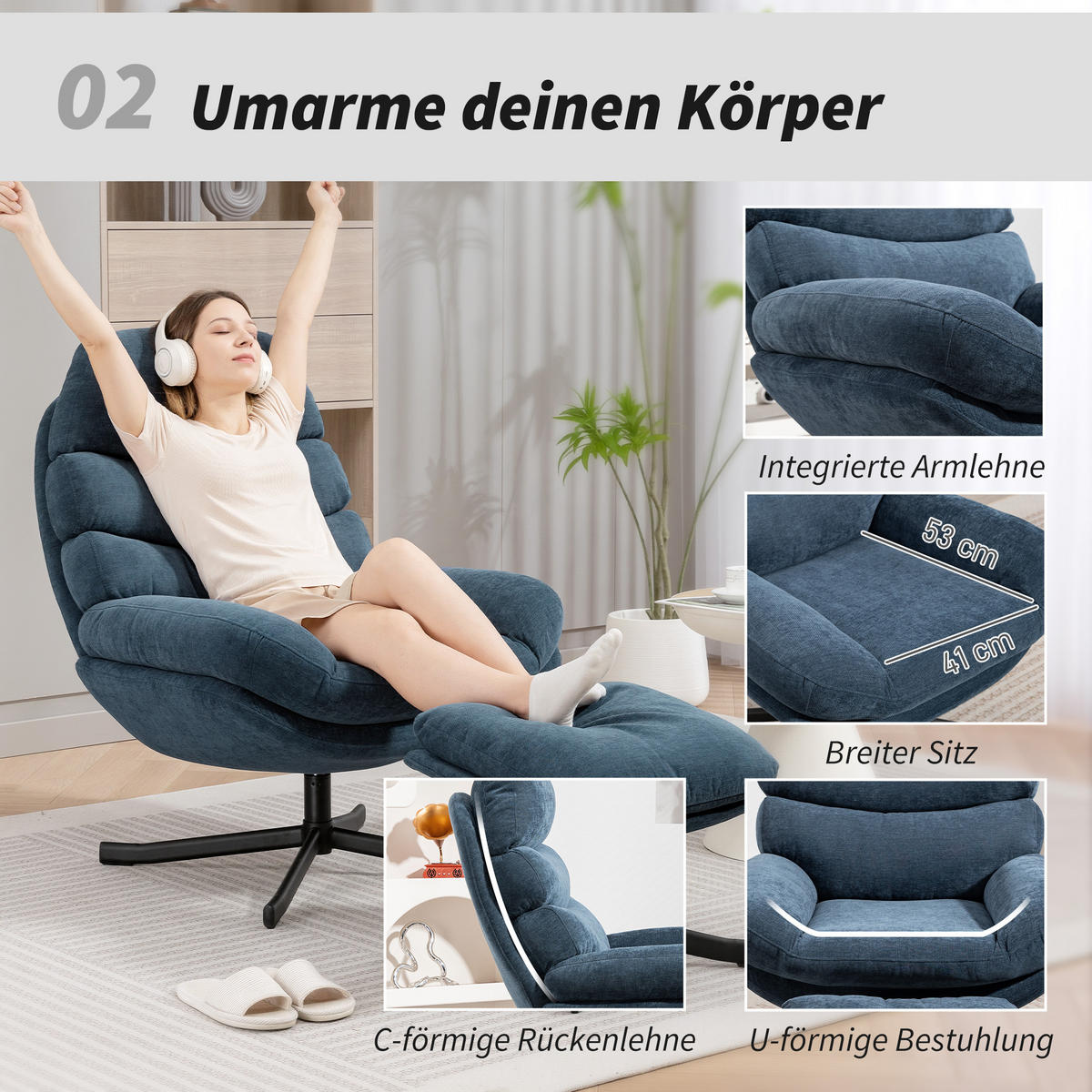 RELAXSESSEL mit Hocker Sessel Loungesessel mit Chenille-Stoff Fernsehsessel Blau - Blau/Schwarz, Textil/Metall (78/100/93cm) - HOMCOM