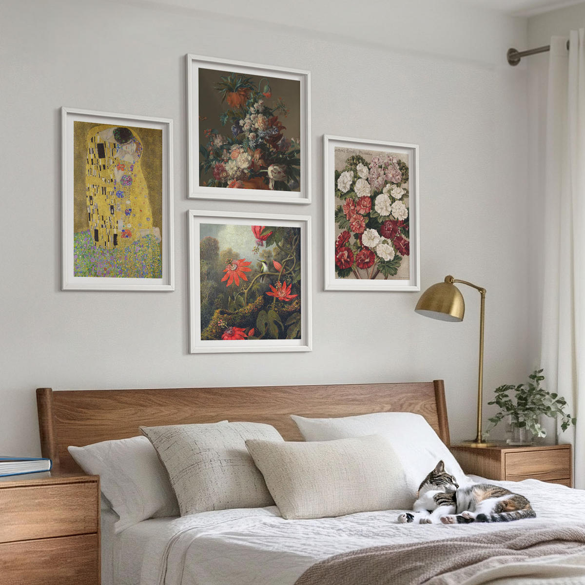 BILDER SET 4er Set - 50x50 cm & 40x60 cm Weißer Rahmen - Blumen des Baumes (Gemälde von Klimt) - Weiß, Kunststoff (50/50cm) - TULUP