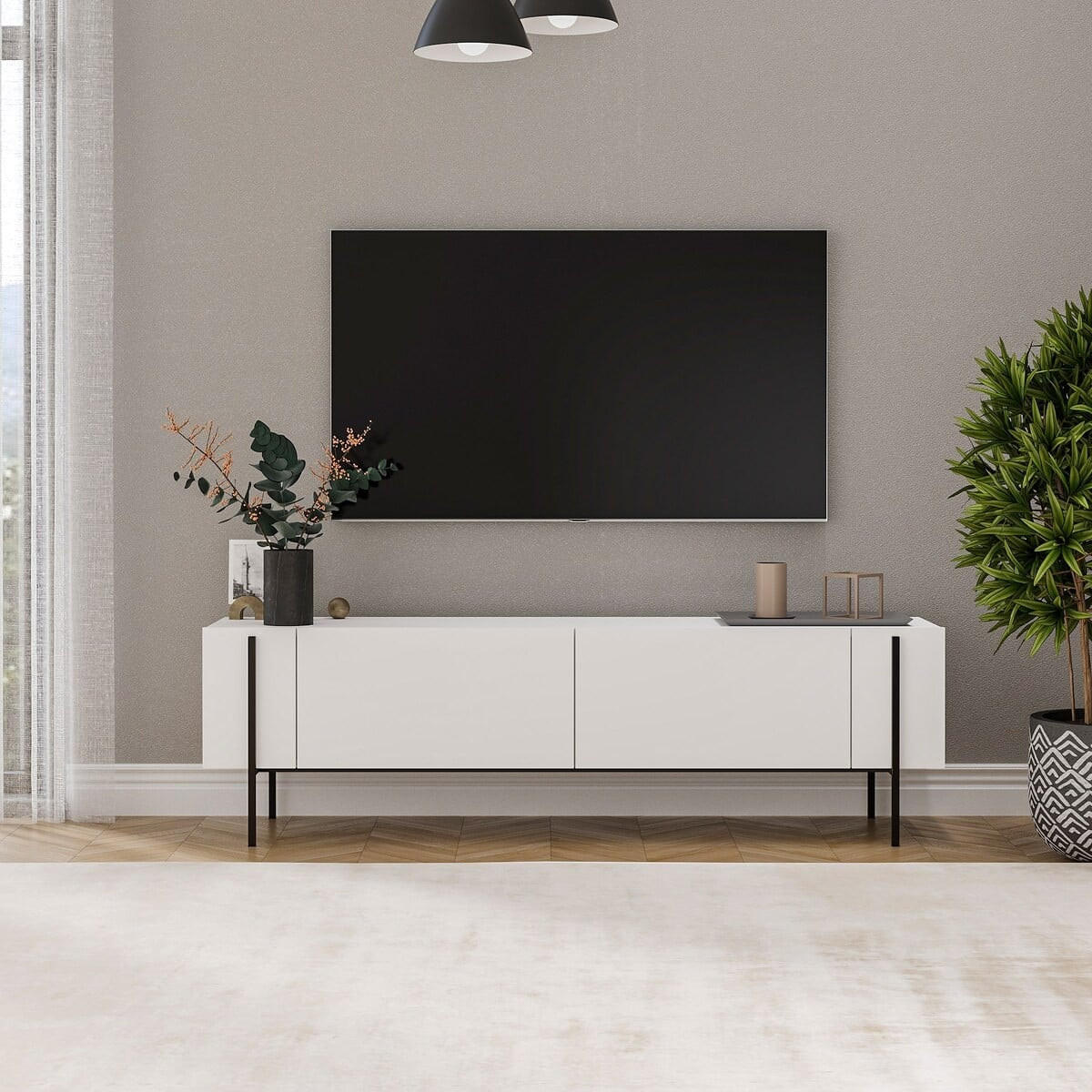 TV-MÖBEL mit 2 klappbaren Türen und Metallfüßen 31,4/160/45,6 cm - Weiß, Holzwerkstoff (31.4/45.6/160cm) - Calicosy