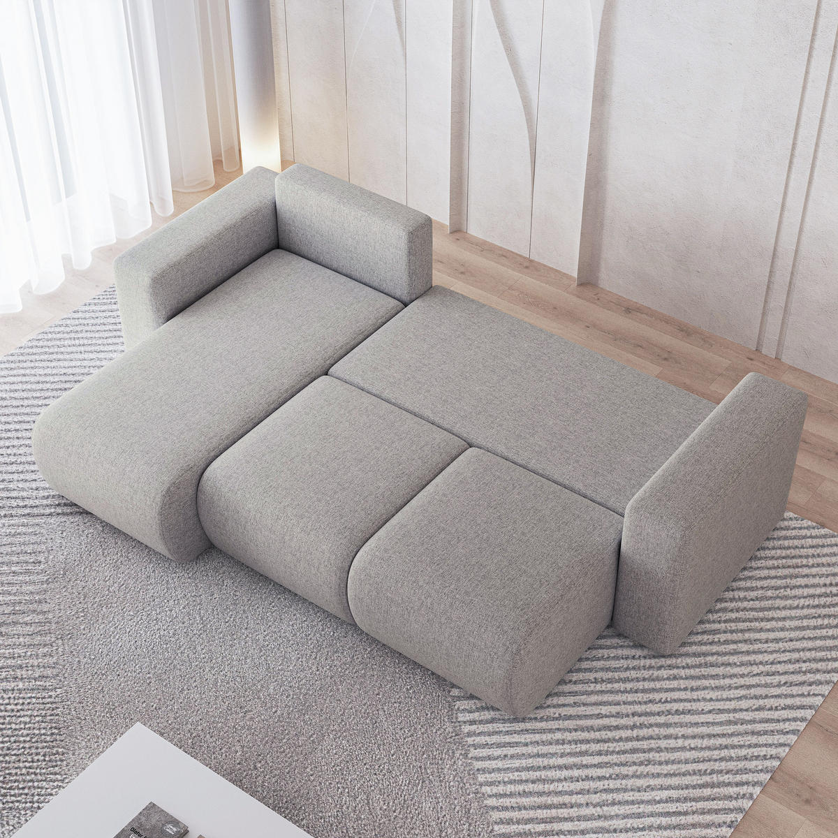 ECKSOFA RINOVA Hellgrau Geflochtener Stoff mit Schlaffunktion - Hellgrau, Holz (250/143cm) - MASSENO