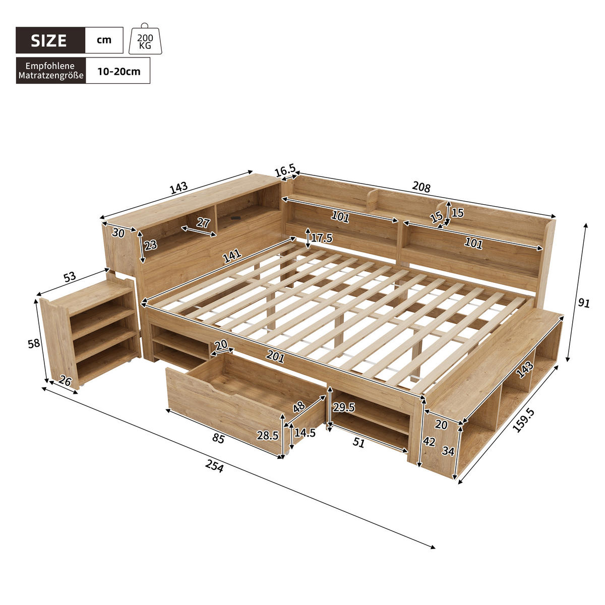KINDERBETT 140/200 cm natur aus Sperrholz mit Stauraum und Regalen - Naturfarben, Holzwerkstoff (140/200cm) - OKWISH