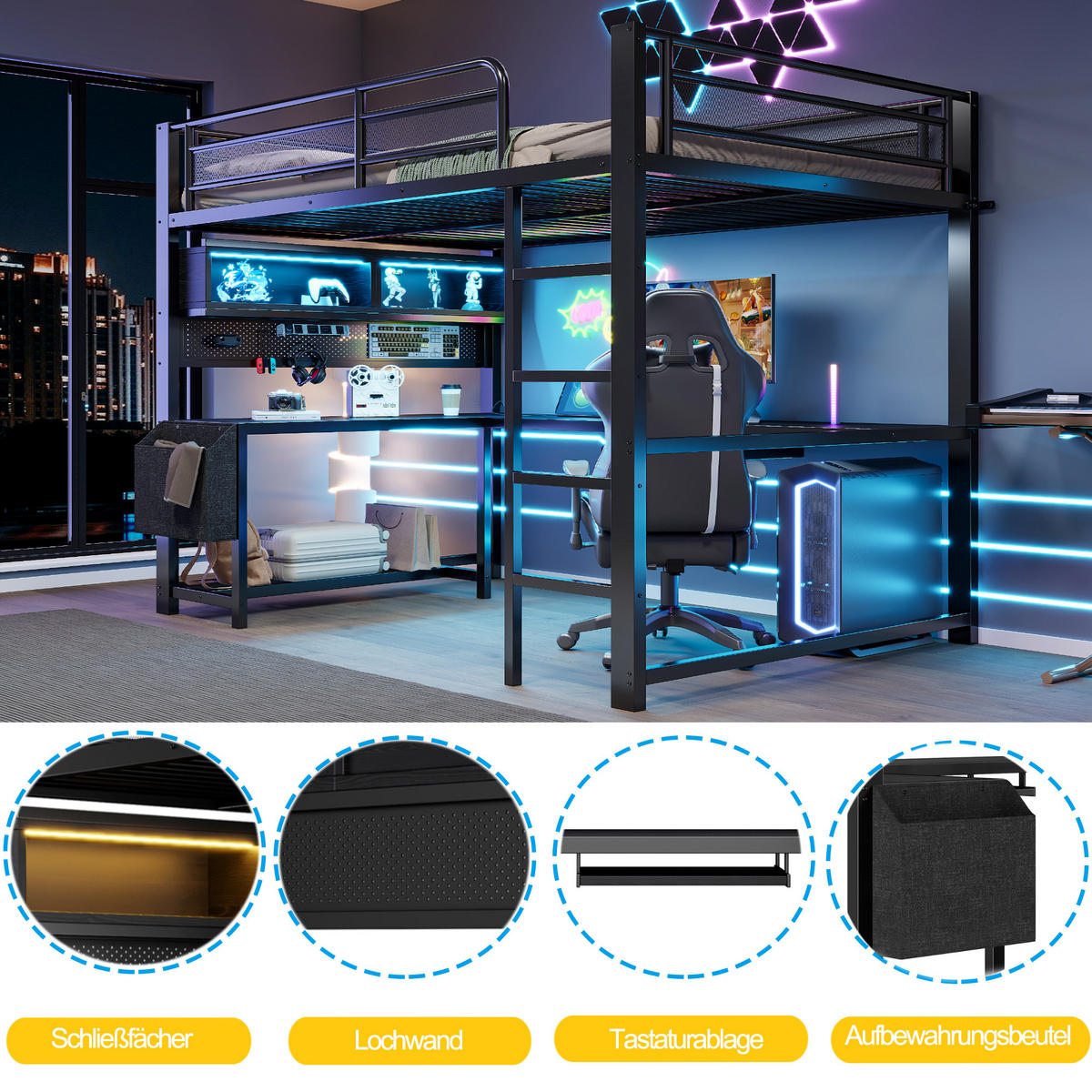 HOCHBETT 140/200 cm in Schwarz aus MDF und Metall mit Schreibtisch, LED und USB - Schwarz, Holzwerkstoff/Metall (140/200cm) - WISHDOR