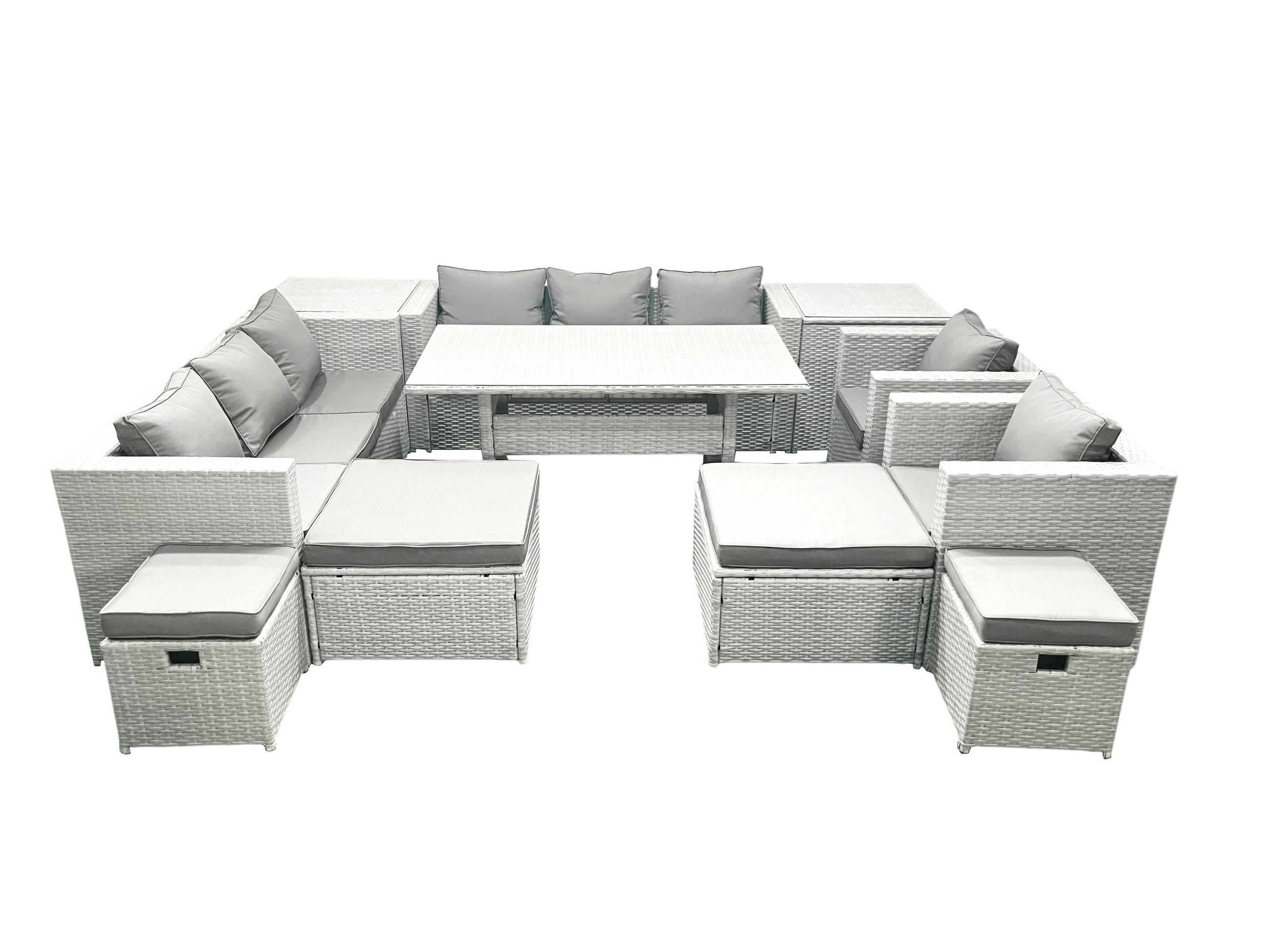 GARTENSET mit Esstisch,Sofa,4 Fußhocker,2 Stühle,2 Beistelltischen Polyrattan Hellgrau 12-Sitzer - Hellgrau/Grau, Glas/Kunststoff - Fimous