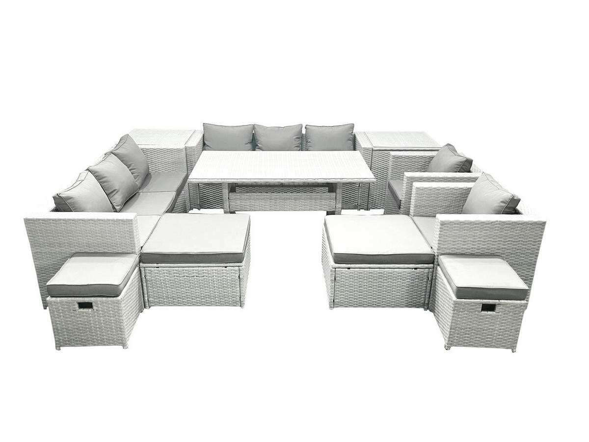 GARTENSET mit Esstisch,Sofa,4 Fußhocker,2 Stühle,2 Beistelltischen Polyrattan Hellgrau 12-Sitzer - Hellgrau/Grau, Glas/Kunststoff - Fimous