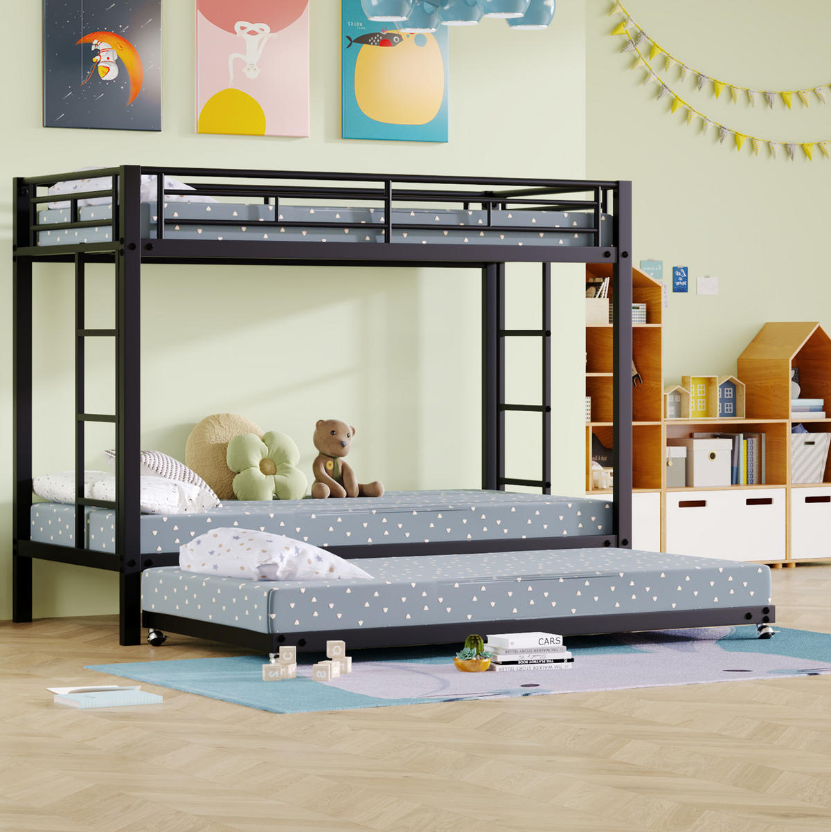 ETAGENBETT aus Metall 90x200 cm Schwarz mit Ausziehbett und hohem Sicherheitsgeländer, EN747-konform - Schwarz, Metall (90/200cm) - Modfu