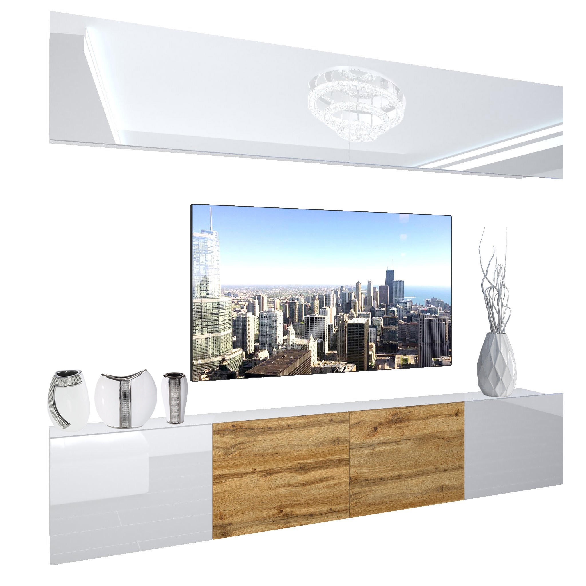 WOHNZIMMERWAND Schrankwand mit LED Weiß / Eiche Wotan untene seiten Weiß - Weiß/Braun, Holz (200/180/36cm) - B BELINI GROUP