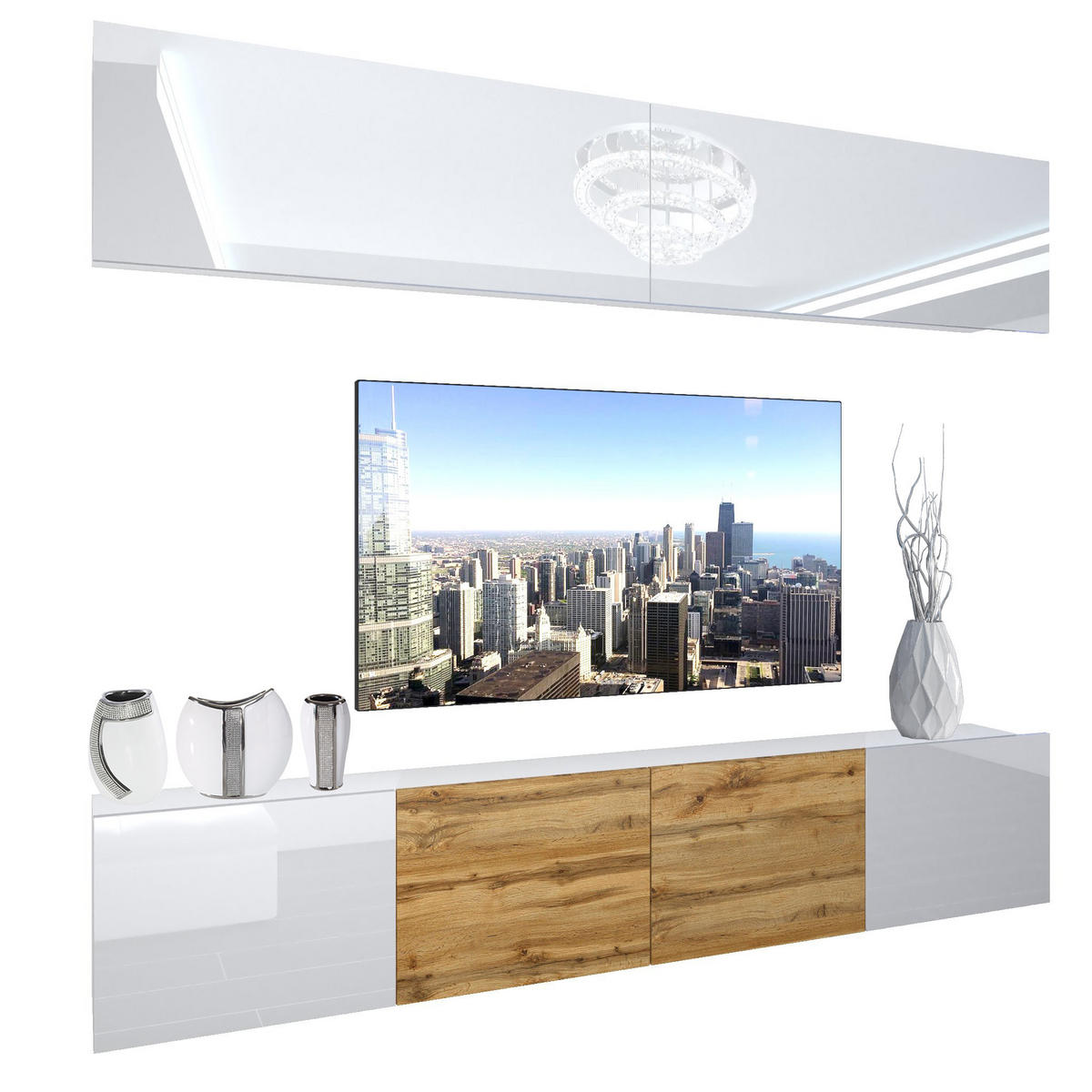 WOHNZIMMERWAND Schrankwand mit LED Weiß / Eiche Wotan untene seiten Weiß - Weiß/Braun, Holz (200/180/36cm) - B BELINI GROUP