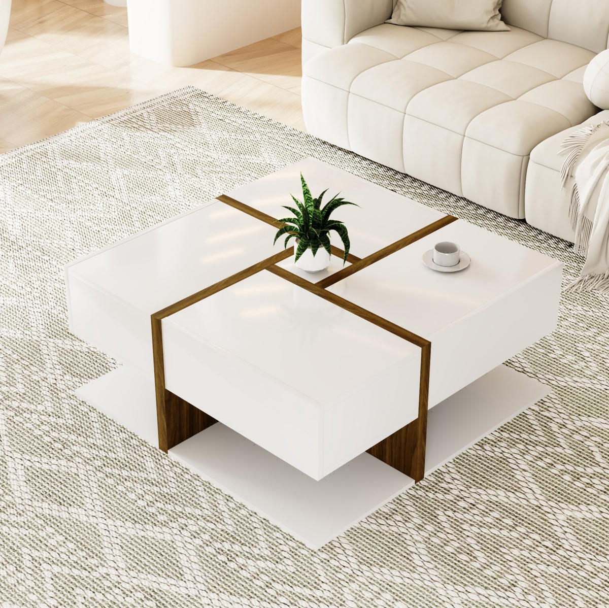 COUCHTISCH aus Spanplatte 78x78x34,8 cm in Weiß mit 4 Schubladen - Weiß, Holzwerkstoff (78/78/34.8cm) - Modfu