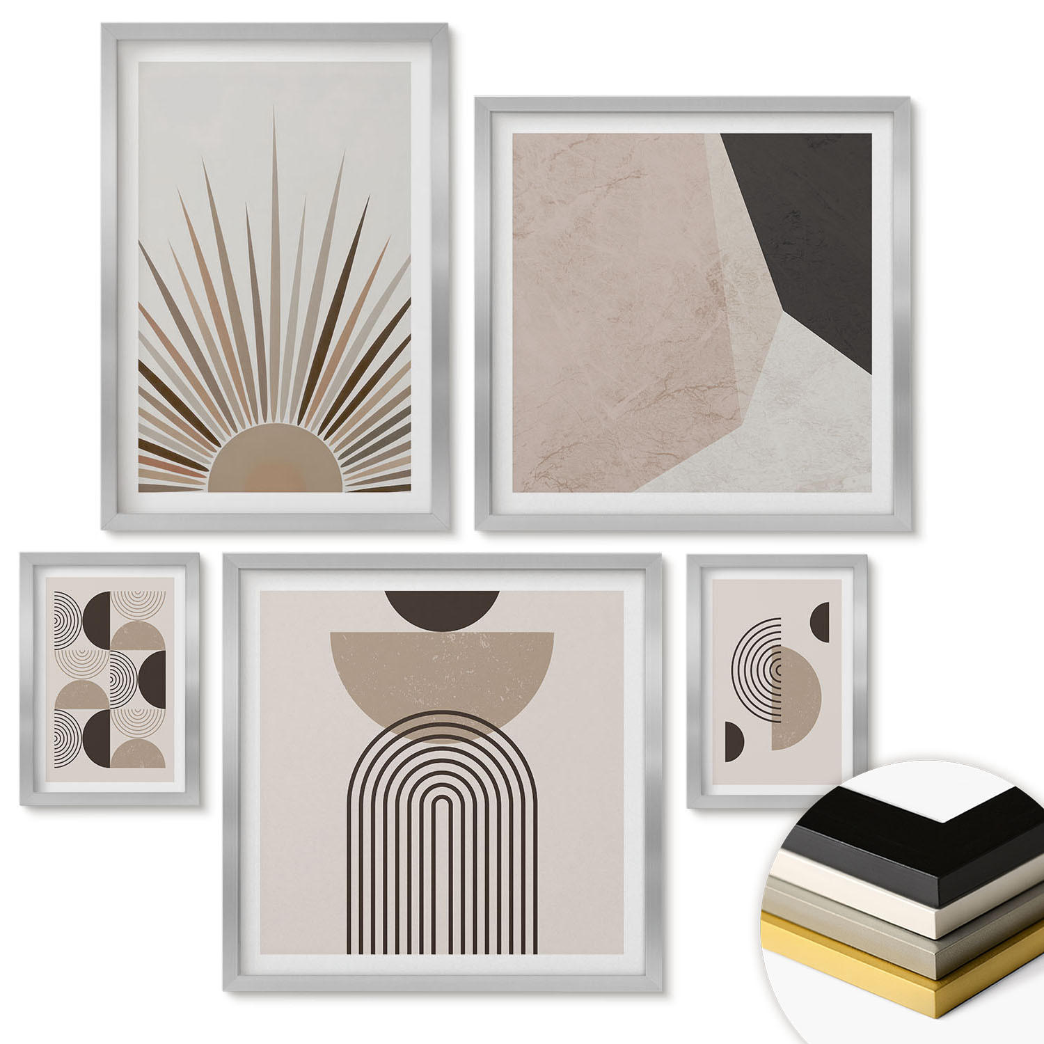 WANDBILDER 5er Set - 50x50 cm & 20x30 cm & 40x60 cm Silberner Rahmen - Abstrakte beige und braune Formen - Silberfarben, Kunststoff (40/60cm) - ArtPrintCave