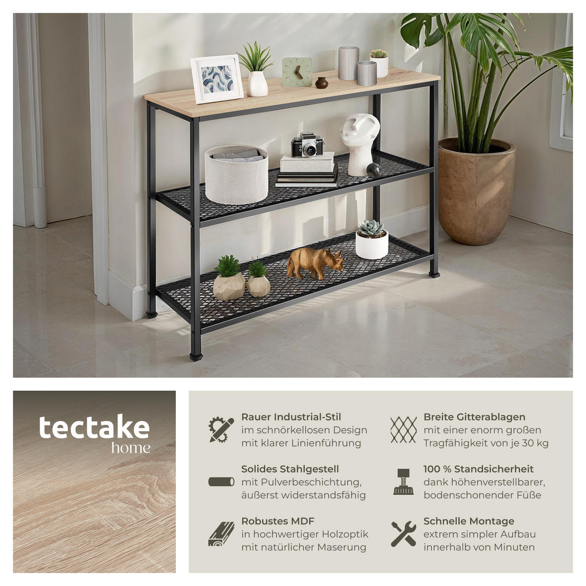 KONSOLENTISCH Bristol,100 x 30 x 81 cm,Industrial Holz hell, Eiche Sonoma - Naturfarben, Holz (100/30/81cm) - tectake
