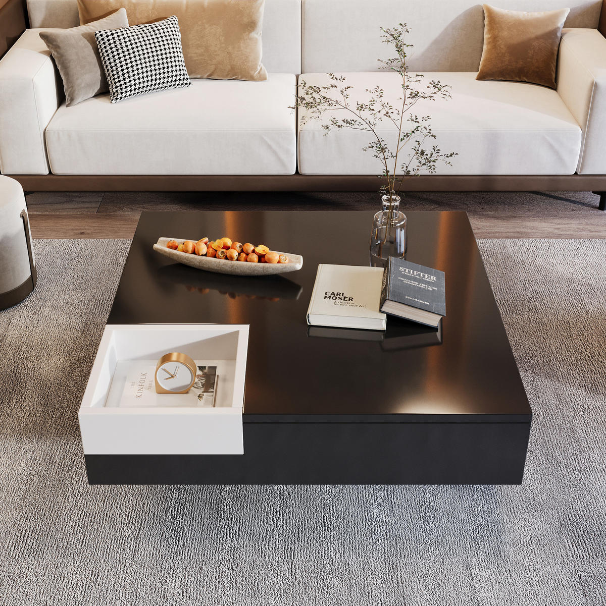 COUCHTISCH, Hochglanz-Design auf Spanplatte, abnehmbare Aufbewahrungsbox & RGB-LED, 72/72/30 cm, Schwarz + weiß - Schwarz, Holzwerkstoff (72/72/30cm) - Redom