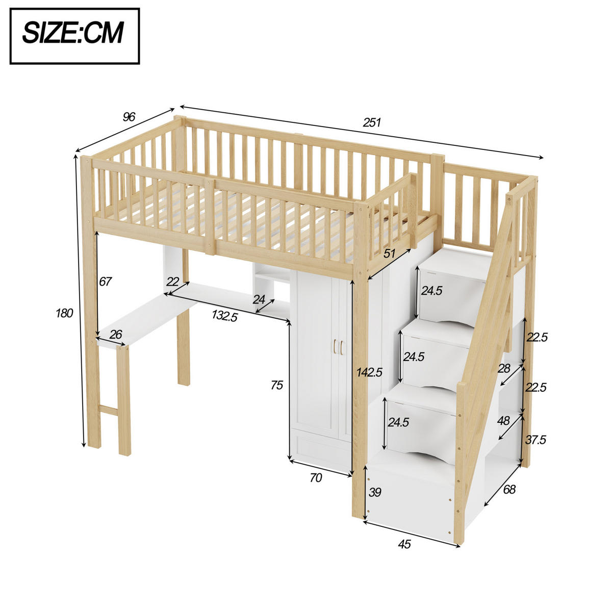 HOCHBETT 90/200 cm mit Kleiderschrank, Schreibtisch und Stauraumtreppe - Naturfarben, Holz (90/200cm) - Flora Grace