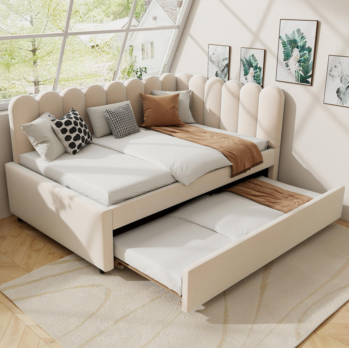 POLSTERBETT 140/200 cm aus Samt mit Ausziehbett in L-Form Beige - Beige, Textil (140/200cm) - Modenvie