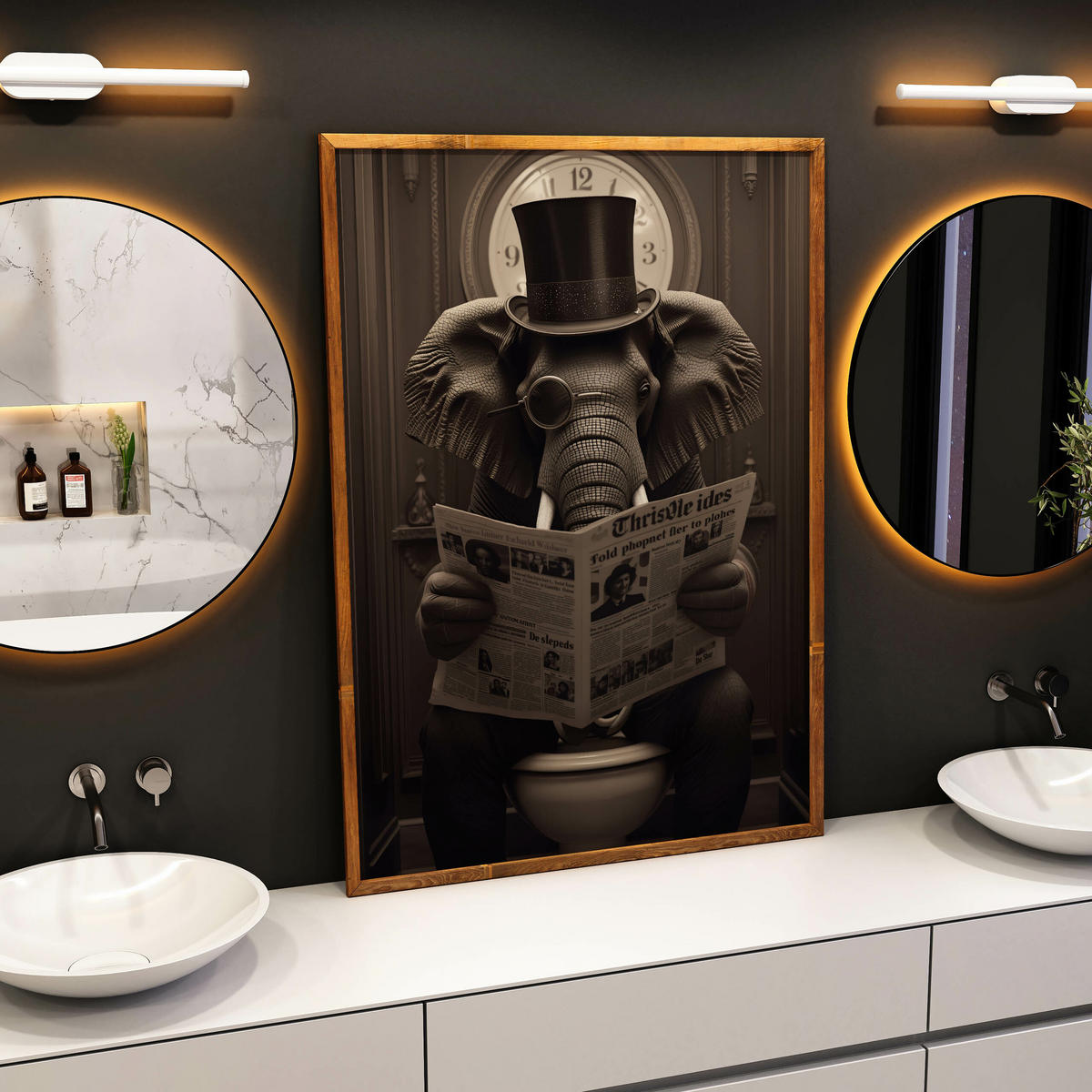 POSTER für WC Badezimmer ELEFANT in Toilette Retro Zeitung Abstraktion 30x40cm - Beige/Schwarz, Papier (30/40/40cm) - Muralo