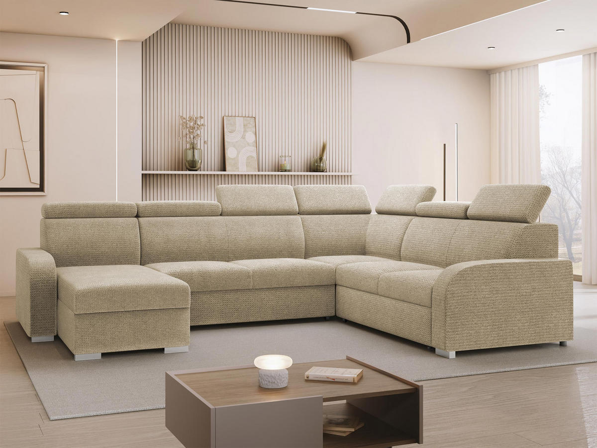 WOHNLANDSCHAFT Oslo 2rR2pLC - Silberfarben/Naturfarben, Holz/Kunststoff (315/85/250cm) - MIRJAN24