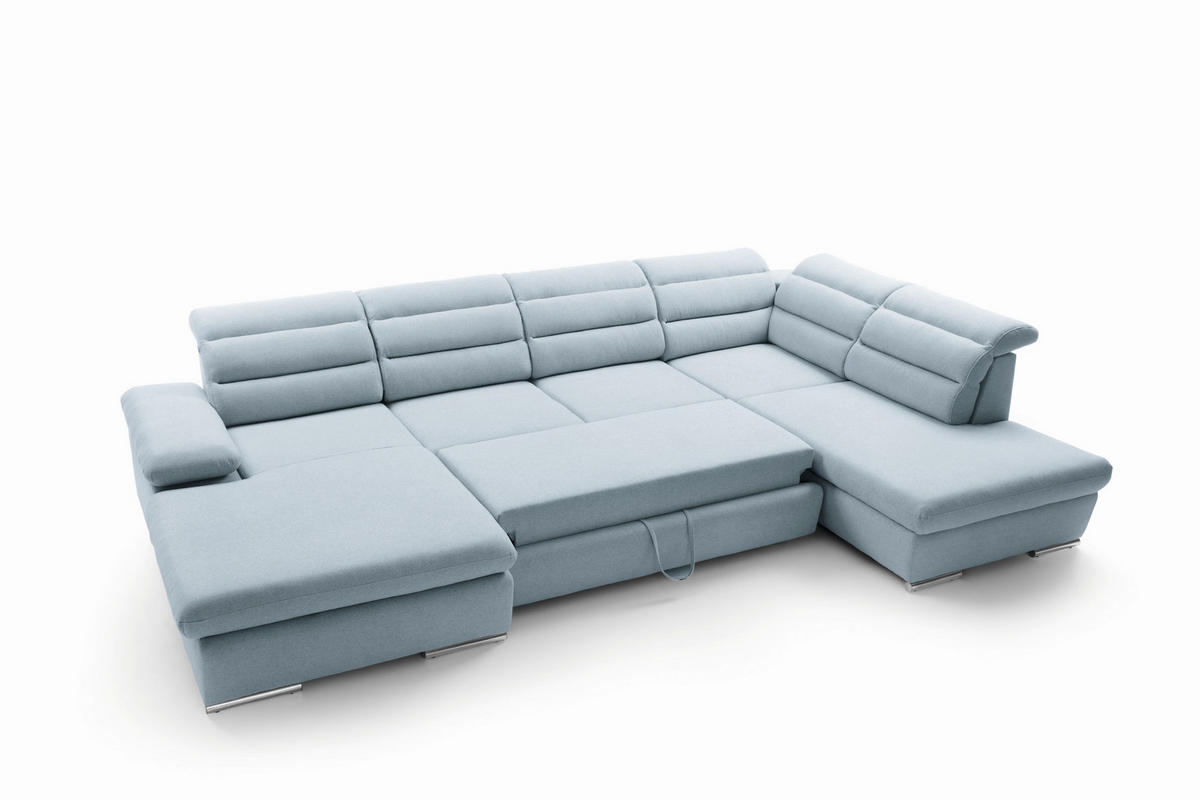 WOHNLANDSCHAFT RISO Blau Velours-Stoff mit Schlaffunktion - Blau, Holz (356/100/230cm) - MASSENO