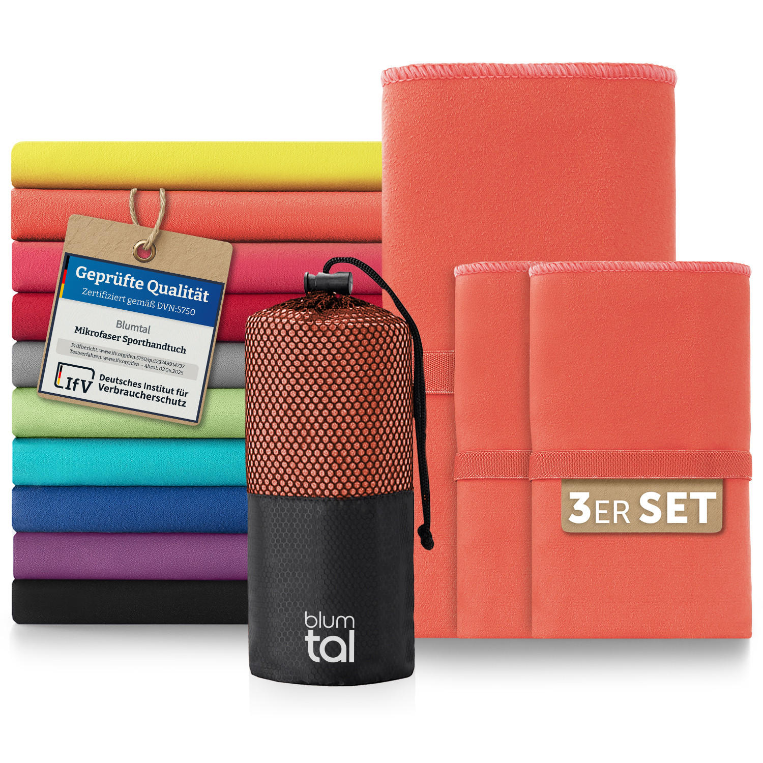 SPORTHANDTUCH microfiber 3er-Set , 180/90 cm & 2 x 80/40 cm,Hellrot - Hellrot, Textil (180/90cm) - Blumtal