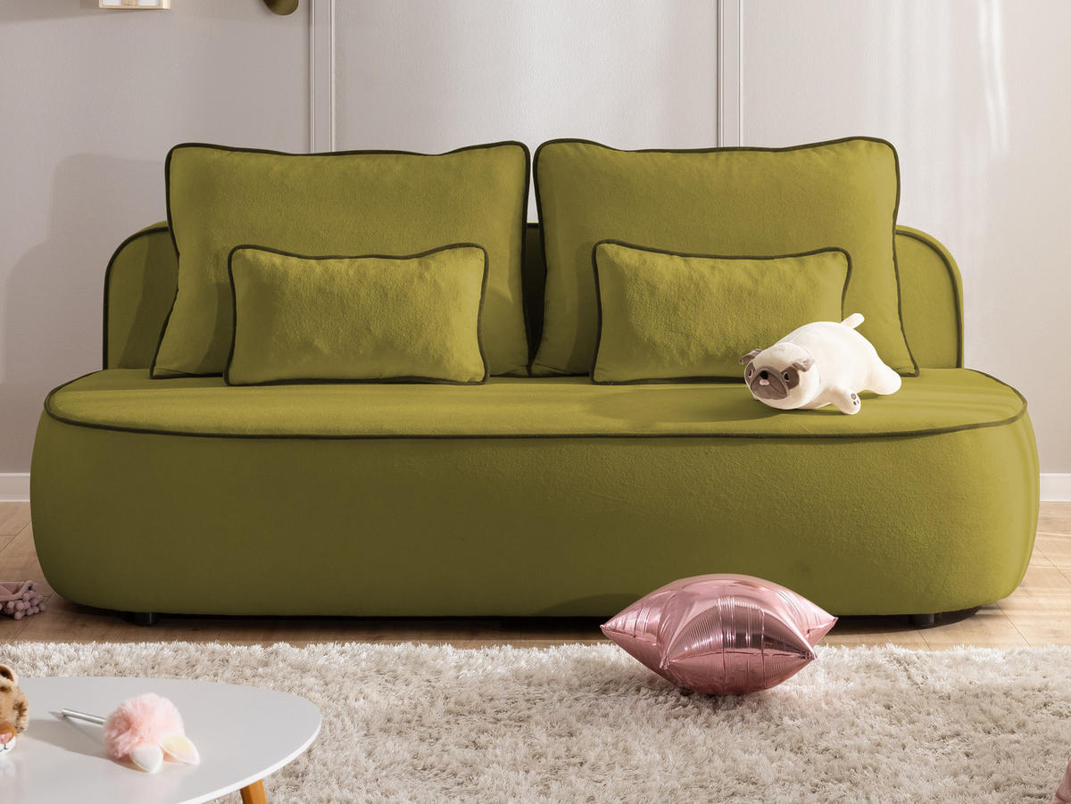 KINDERSOFA Vero im modernen und abgerundeten Design mit Schlaffunktion und Bettkasten aus Grün Plüschstoff mit dunkelgrüner Paspel - Schwarz/Grün, Holz/Kunststoff (210/90/98cm) - S-Style Möbel
