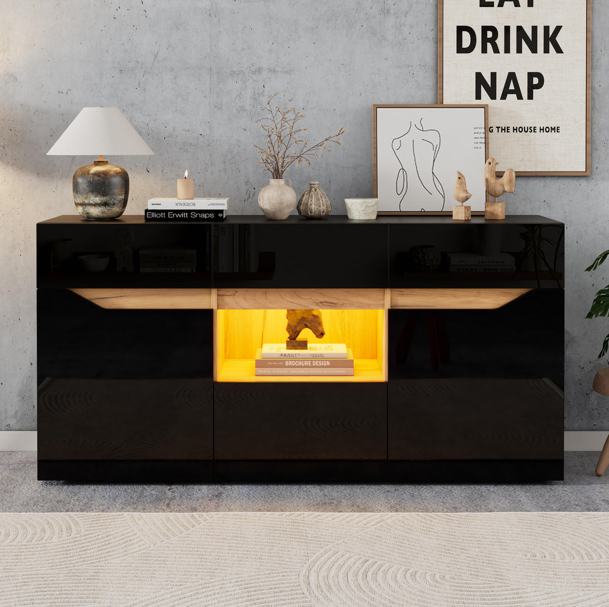 SIDEBOARD 140/40/70 cm Schwarz/Naturholzfarbe aus Spanplatte mit LED-Beleuchtung - Schwarz, Holzwerkstoff (40/70/140cm) - OKMYHOME