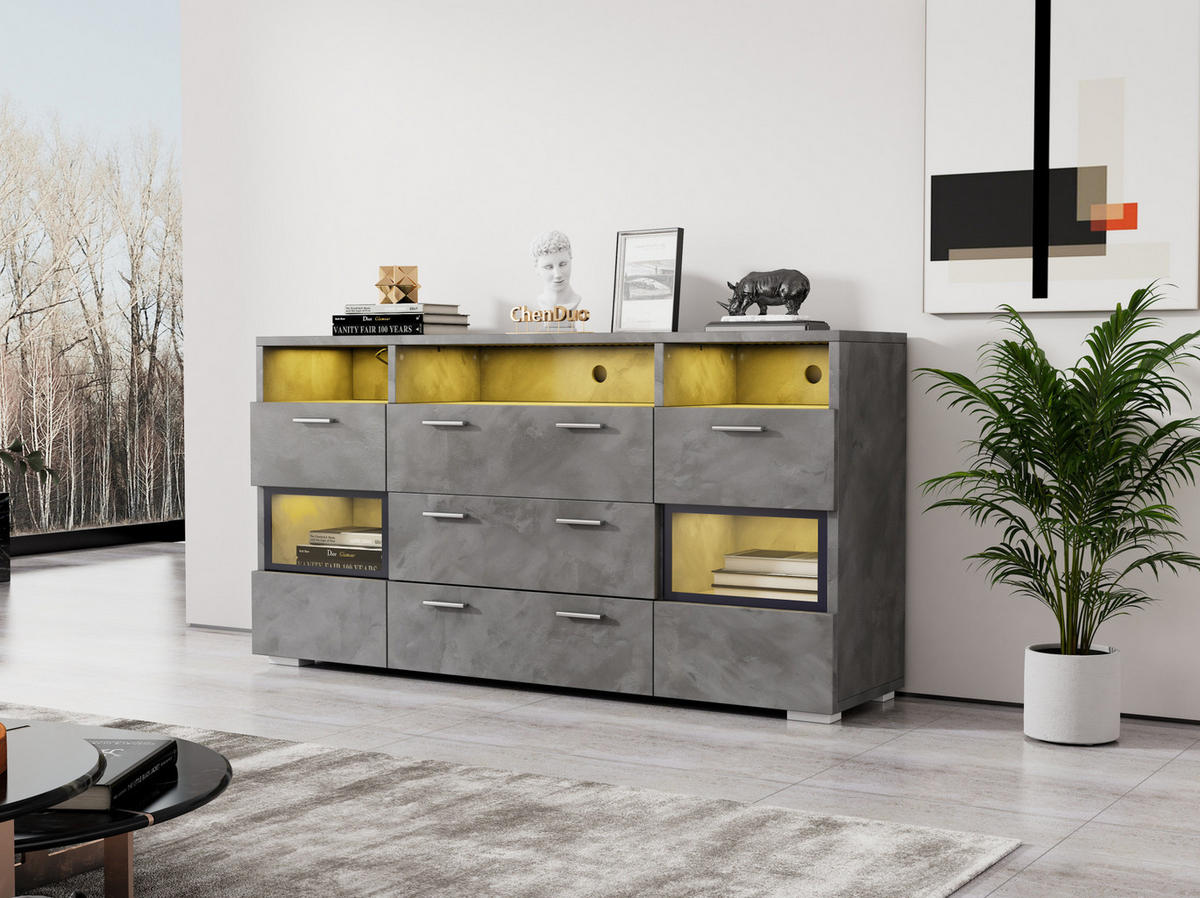 SIDEBOARD 140/33,5/72,5 cm mit LED, 2 Türen, 3 Schubladen & offenen Fächern - Grau, Holzwerkstoff (140/72.5/33.5cm) - BEAOK