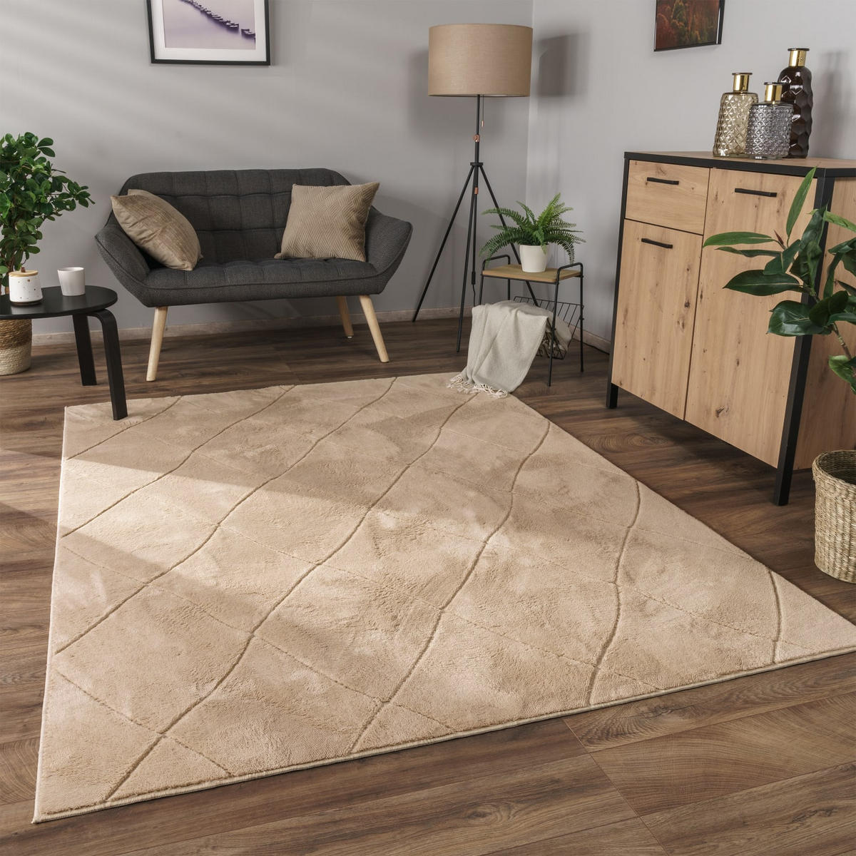 KURZFLORTEPPICH Waschbar, mit Rauten-Struktur, Beige, 60 x 100 cm - Beige, Textil (60/100cm) - KADIMA DESIGN