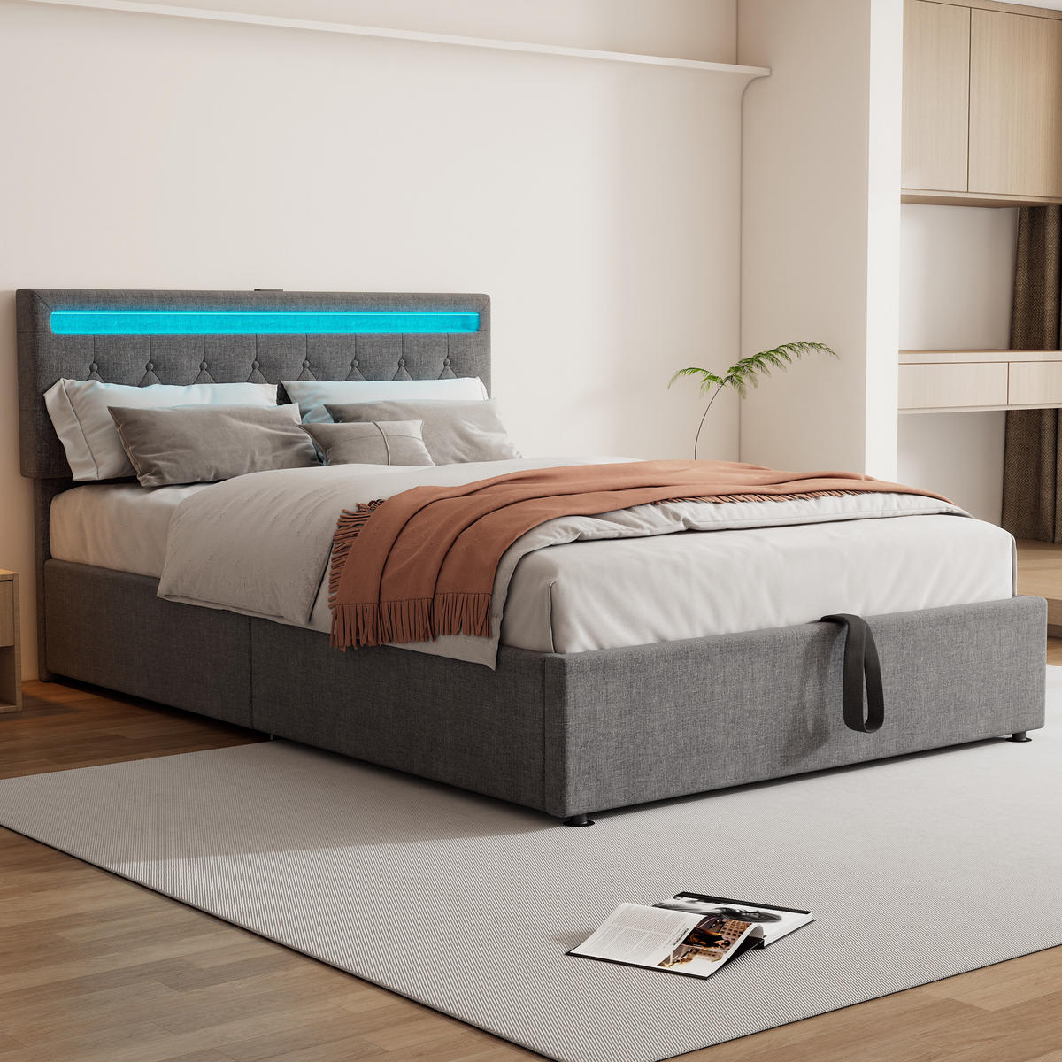 FLACHBETT 140x200cm Grau gepolstert LED Hydraulik USB-C Stauraum - Grau, Holz (140/200cm) - FLIEKS