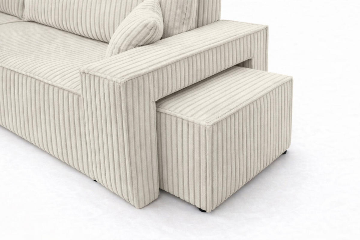 ECKSOFA Mit Schlaffunktion Und Pouf, Cordstoff Tilia, Ecru, Links, Best L Mit Pouf - Ecru, Holz (244/145cm) - Kaiser Möbel