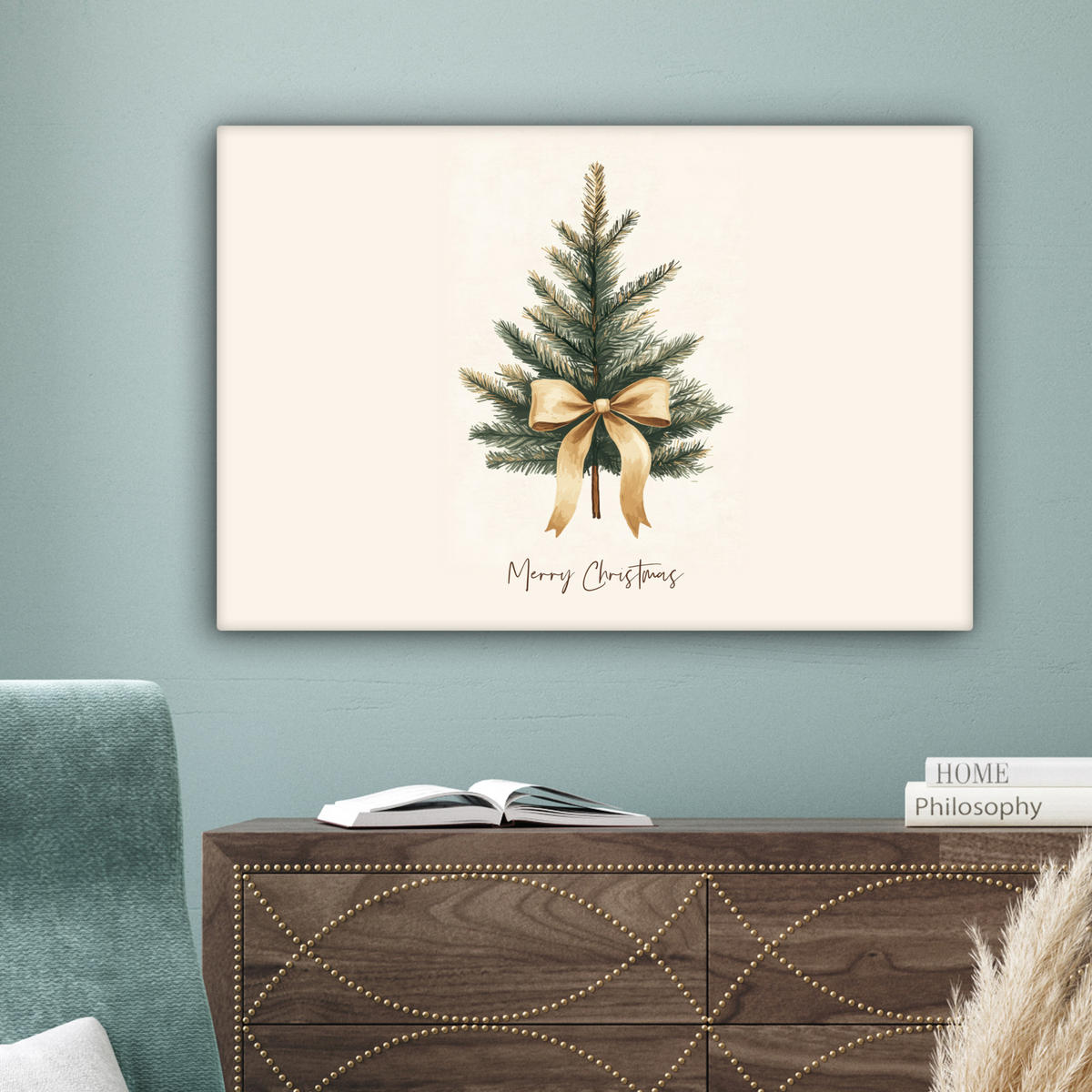 LEINWANDBILD Weihnachtsbaum - Weihnachten - Frohe Weihnachten - Beige Gemälde 60x40 cm - Sandfarben, Textil (60/40cm) - MuchoWow