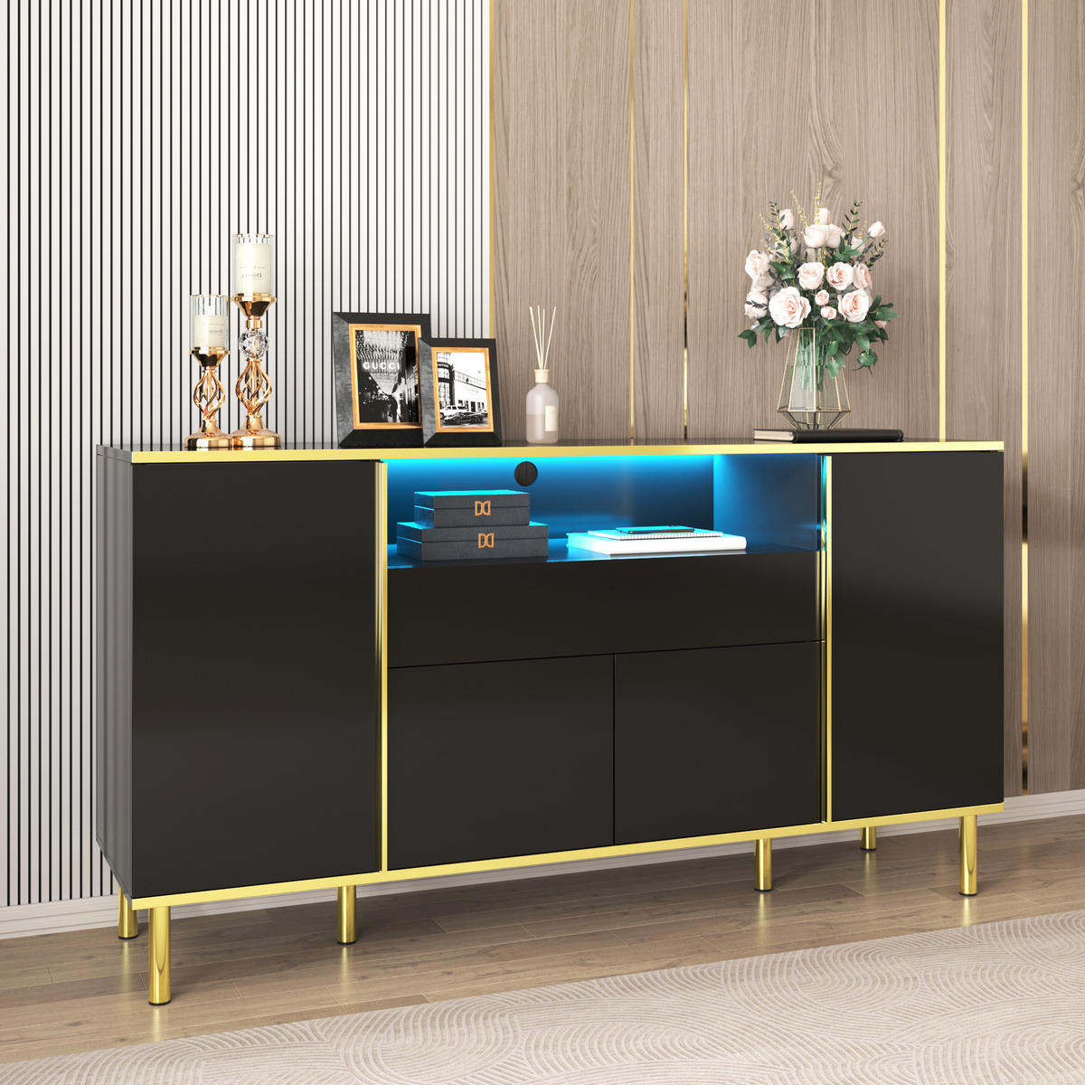 SIDEBOARD 150x40x80cm Schwarz Hochglanz Mit 1 Schublade - Schwarz, Holzwerkstoff (40/80/150cm) - FLIEKS