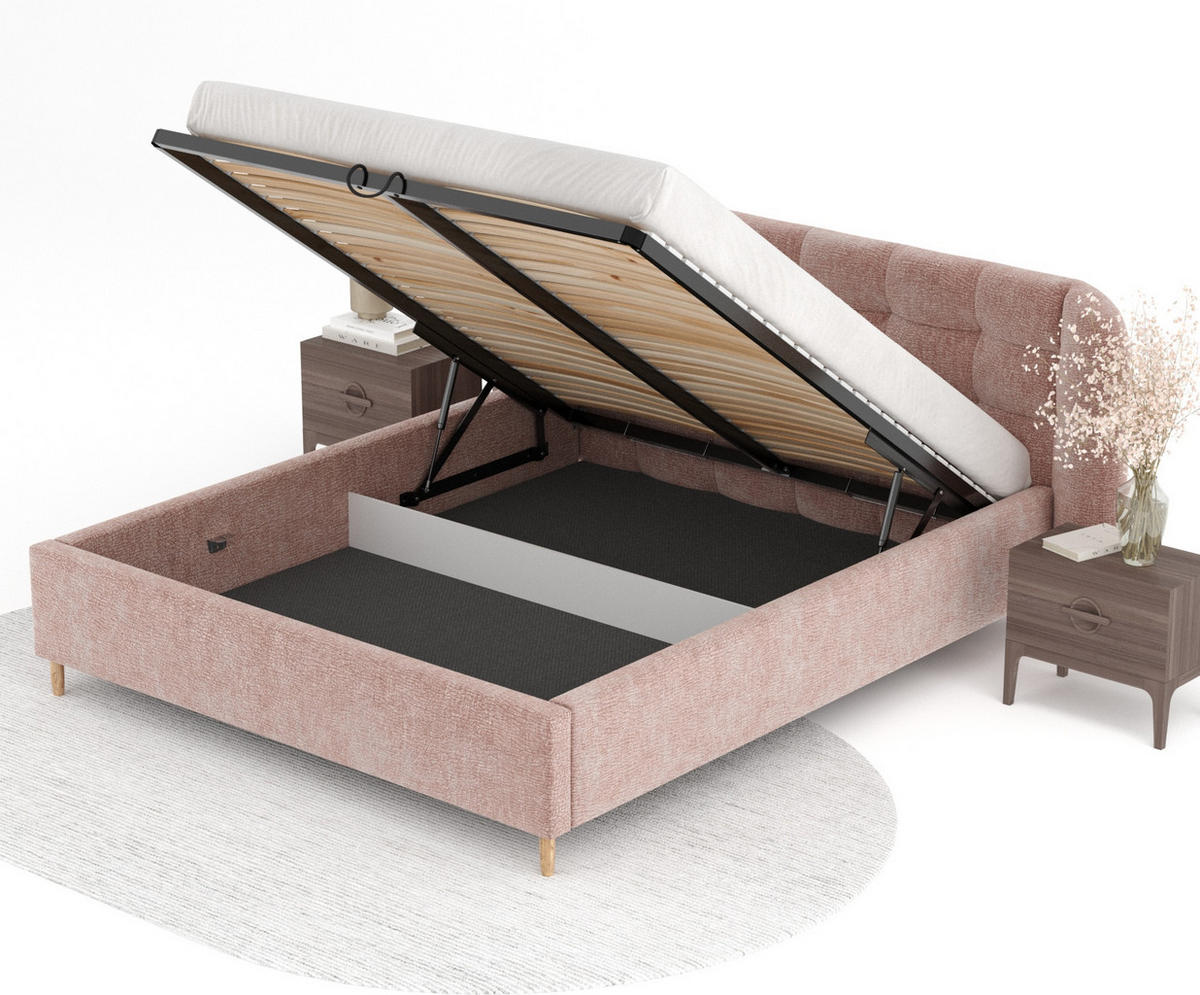 POLSTERBETT Nuno Rosa 140/200 cm im Chenille-Stoff - Pink/Naturfarben, Holz/Holzwerkstoff (140/200cm) - Maison de Reve