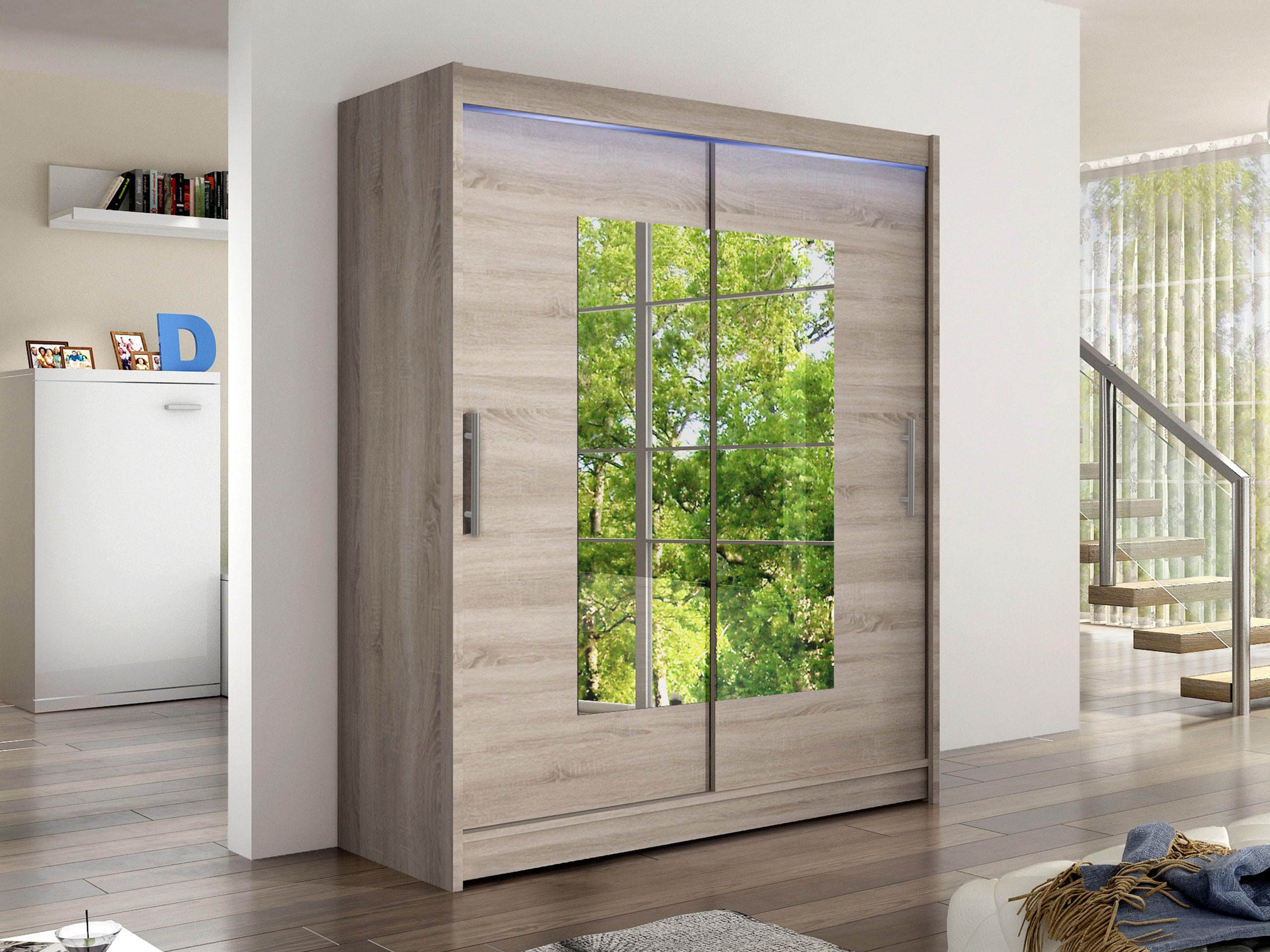 SCHWEBETÜRENSCHRANK Westa III, mit RGB LED Beleuchtung - Silberfarben/Trüffeleichefarben, Holzwerkstoff/Metall (150/200/58cm) - MIRJAN24