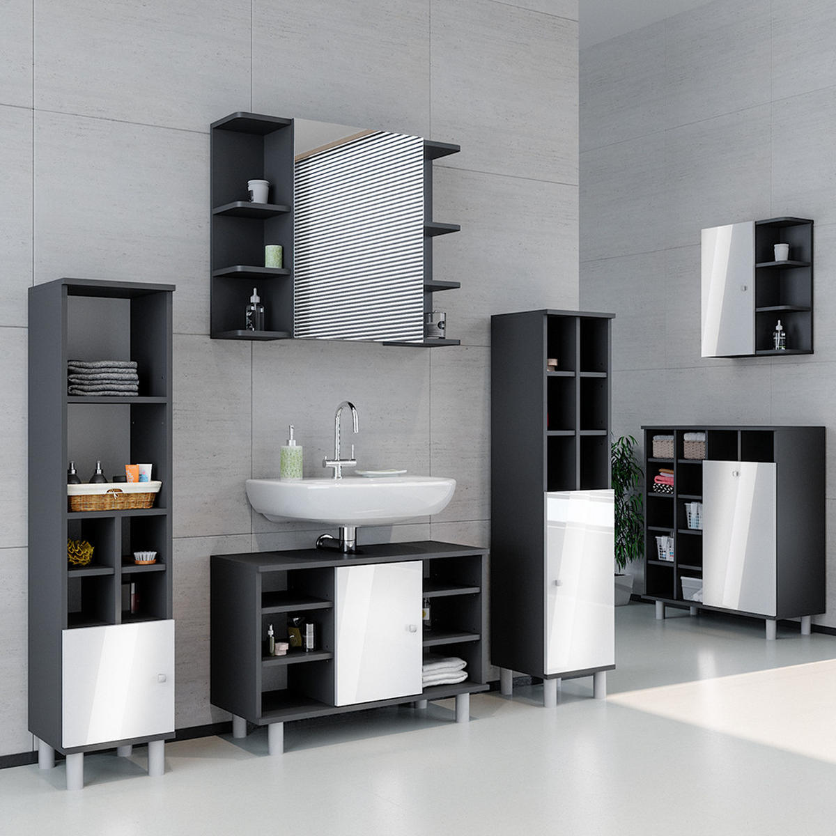 BADMÖBEL-SET Fynn Anthrazit 3 Teile, mit Midischrank Tür groß - Anthrazit/Weiß, Holzwerkstoff (60/54/32cm) - Vicco
