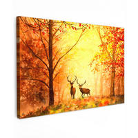 LEINWANDBILD Natur - Ölfarbe - Hirsche - Tiere - Herbst - Orange XXL 150x100 cm - Orange, Textil (150/100cm) - MuchoWow