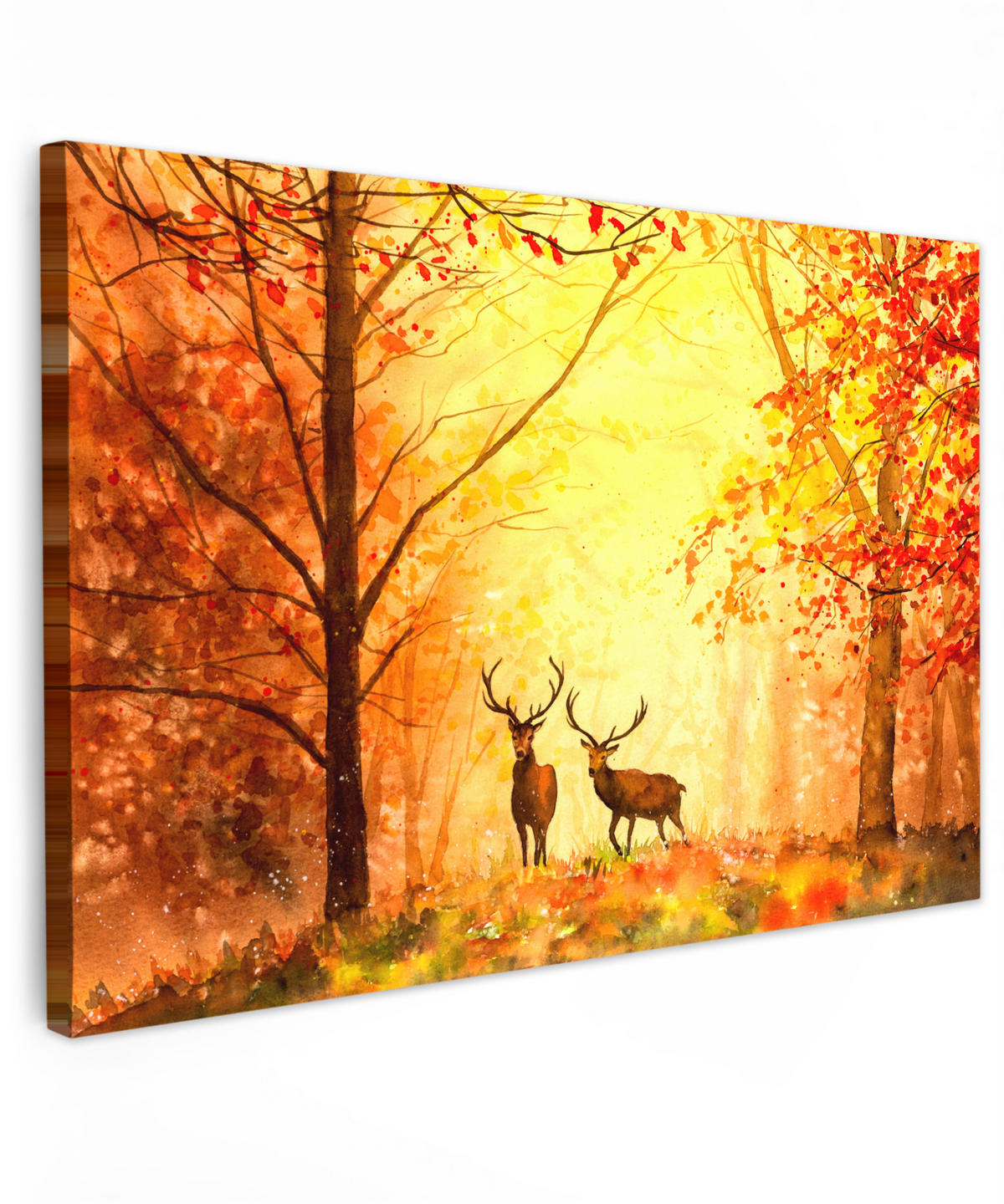 LEINWANDBILD Natur - Ölfarbe - Hirsche - Tiere - Herbst - Orange XXL 150x100 cm - Orange, Textil (150/100cm) - MuchoWow