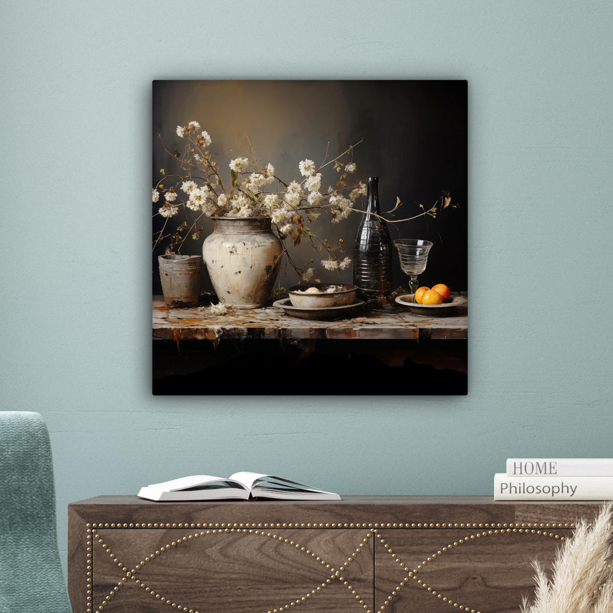 LEINWANDBILD Stilleben - Blumen - Blumenstrauß - Vase - Wein Wandbild Wohnzimmer 50x50 cm - Schwarz, Textil (50/50cm) - MuchoWow