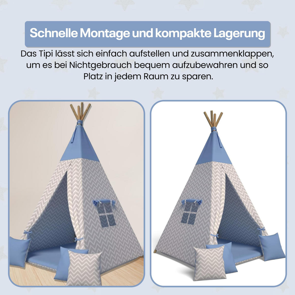 TIPI-ZELT 105 x 105 x 140 cm Zickzack blau mit weichen Kissen | Spielzelt für Kinderzimmer Indoor - Blau, Textil (105/105cm) - Best for Kids