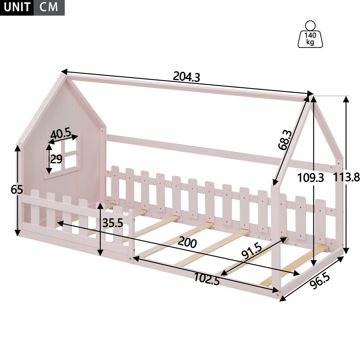KINDERBETT 90/200 cm in Hausform aus Kiefer und MDF, Rosa - Rosa, Holzwerkstoff (90/200cm) - Redom