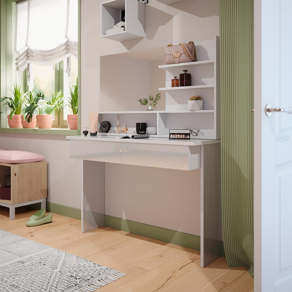 SCHMINKTISCH Azur Weiß 120 cm mit Spiegelregal - Weiß Hochglanz/Weiß, Holzwerkstoff (120/83.5/40cm) - Vicco