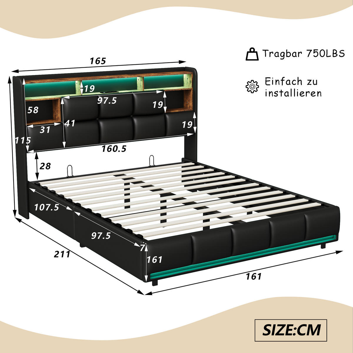 POLSTERBETT mit Stauraum 160x200 cm, USB, LED & Lattenrost, schwarz - Schwarz, Metall (160/200cm)