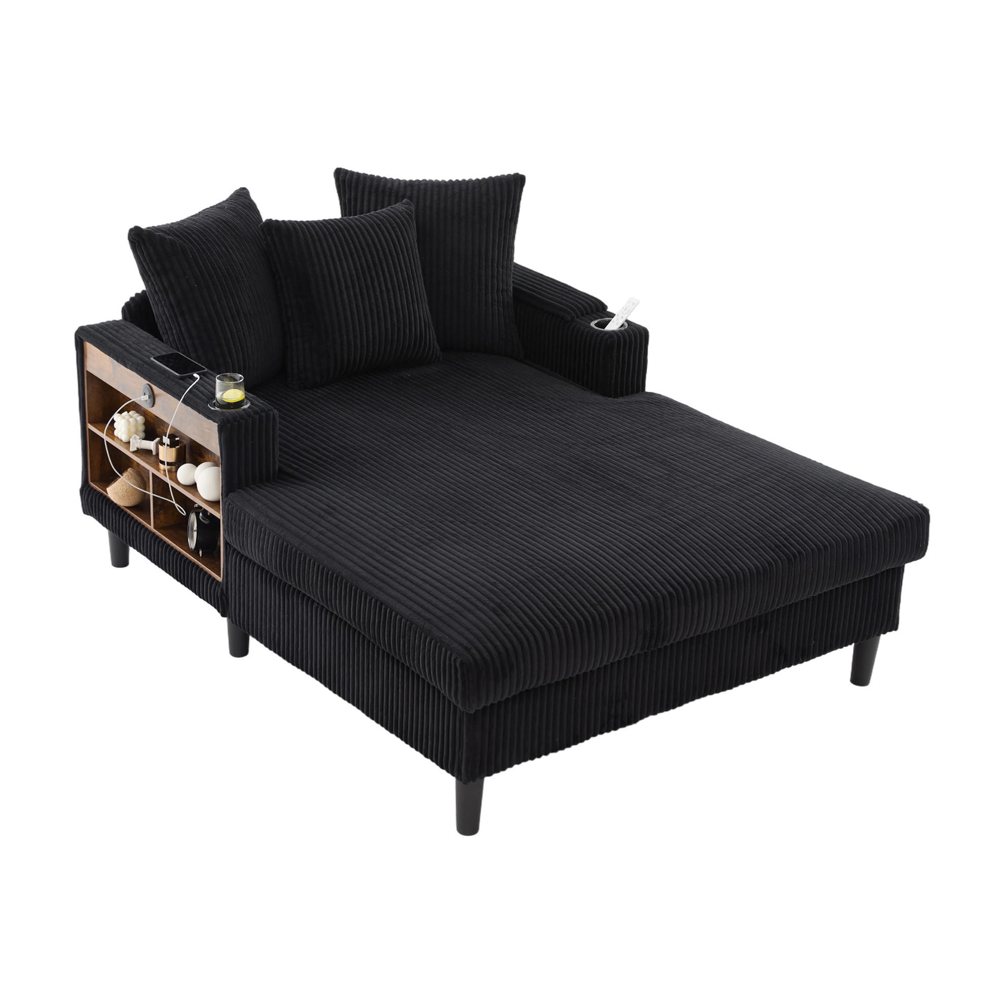 CHAISELONGUE 129/170/70 cm mit LED-Beleuchtung, USB-Anschluss, Becherhaltern und Stauraum, Schwarz - Schwarz, Textil (170/70/129cm) - Redom
