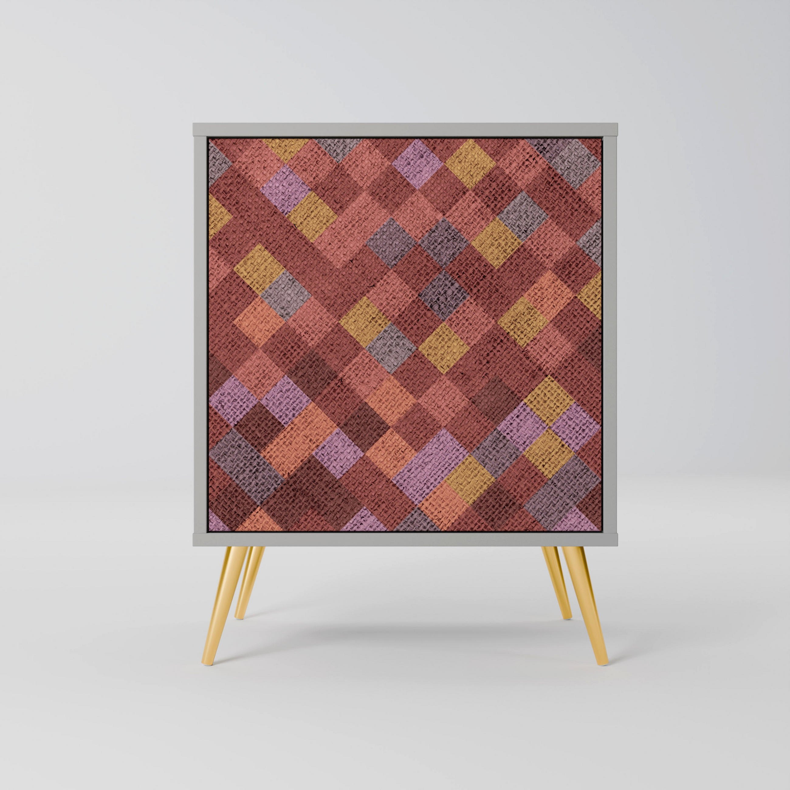 SIDEBOARD PAINTED SQUARES, Grau, 57,5x42x75,5 cm, Goldfarbene Metallfüße - Goldfarben/Multicolor, Holzwerkstoff/Metall (57.5/75.5/42cm) - SpaceRebels