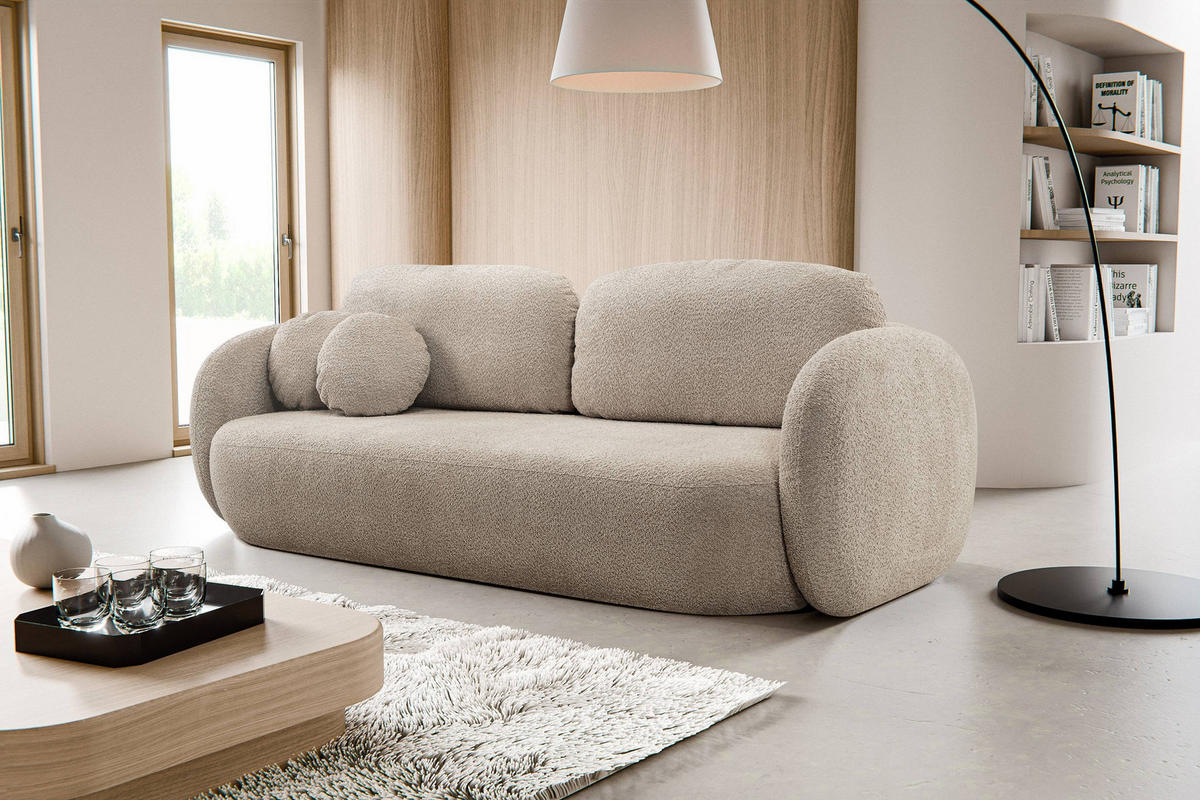 BETTSOFA AMICO Beige Bucle-Stoff mit Schlaffunktion - Beige, Holz (238/86.5/101cm) - MASSENO