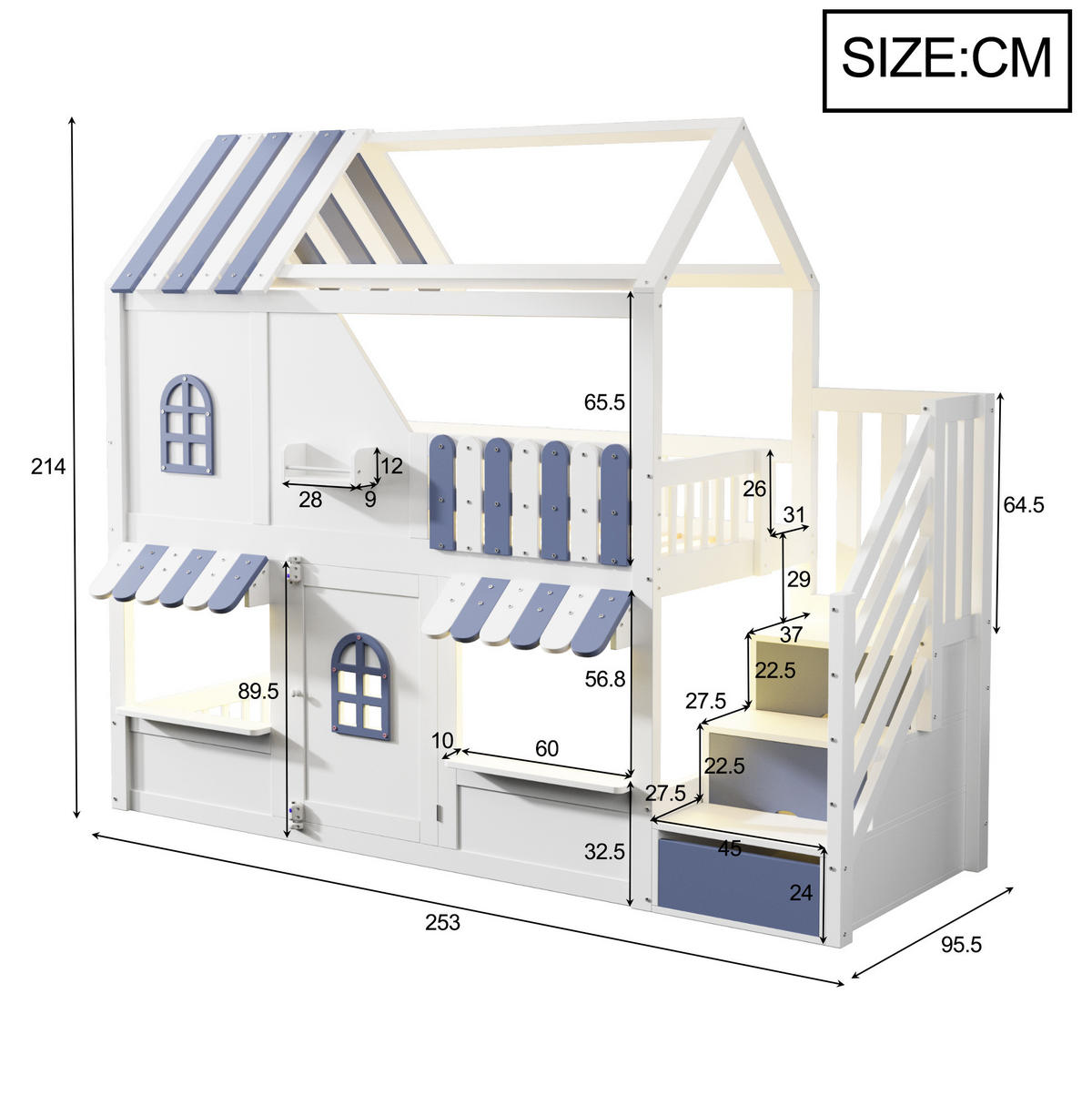 KINDER-ETAGENBETT Holz 90x200 cm Weiß/Blau mit LED, Stauraumleiter und Regalen im Hausbett-Design - Weiß, Holz (90/200cm) - Modfu