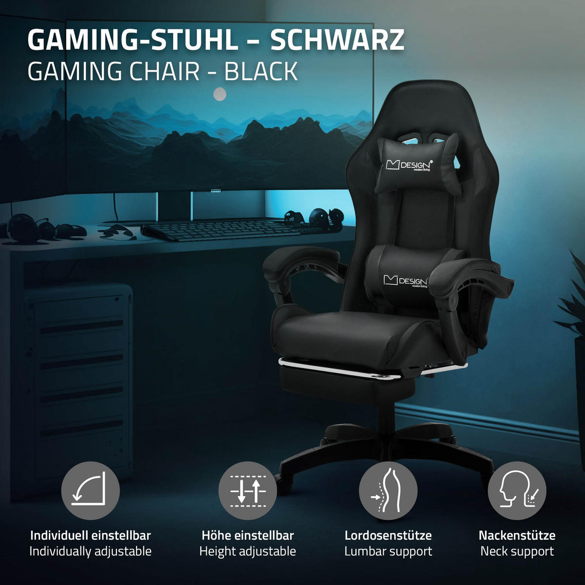 GAMINGSTUHL Schwarz aus Kunstleder - Schwarz, Kunststoff/Metall (62/119/62cm) - ML-DESIGN