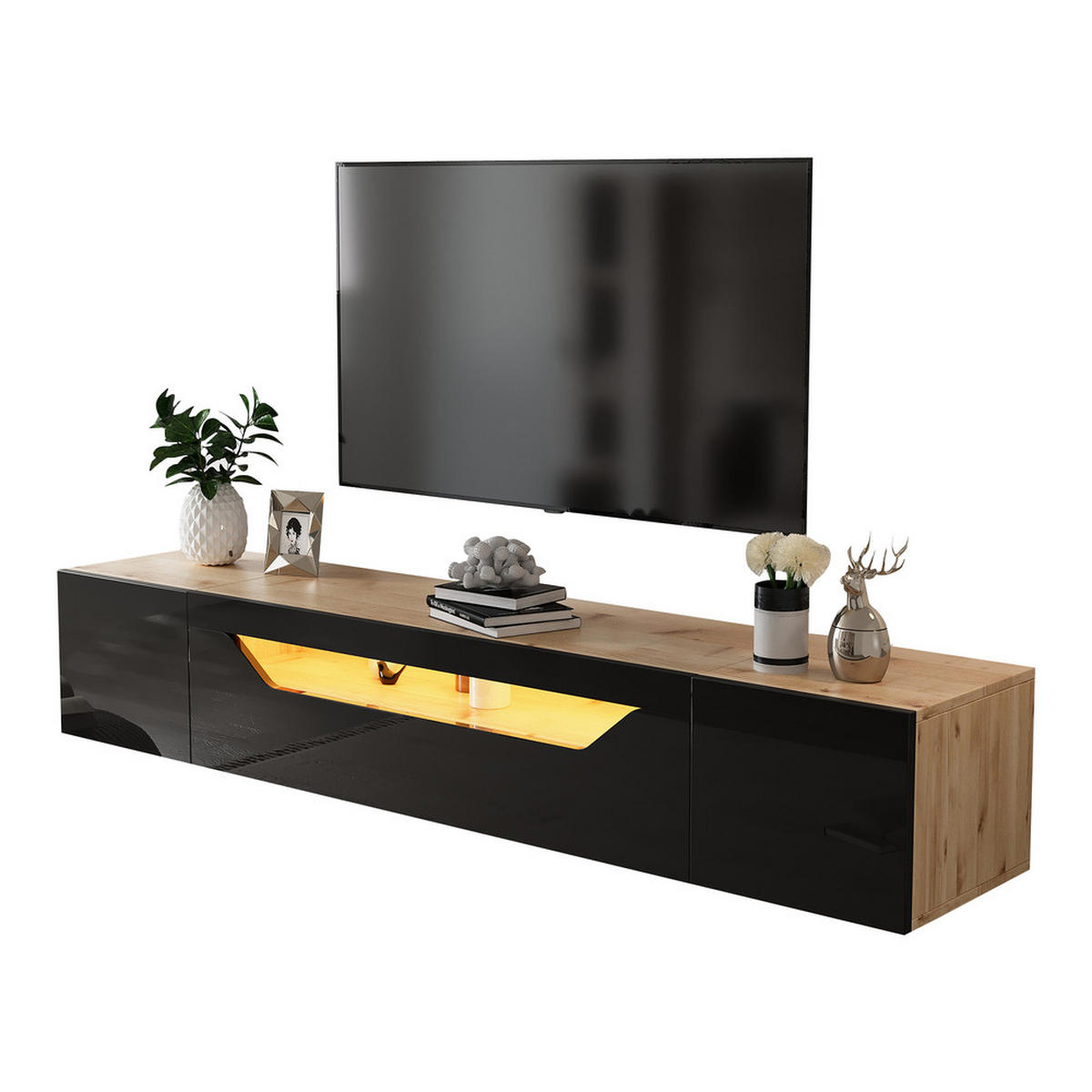 TV-SCHRANK 180x37cm wandmontierbar Hochglanz LED 3 Fächer Schwarz & Naturholz - Braun, Holz (44.5/14/120.78cm) - FLIEKS