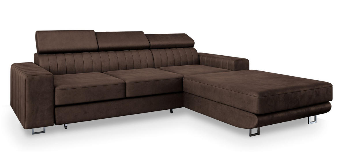 ECKSOFA NOTO R-S Braun Velours-Stoff mit Schlaffunktion - Braun, Holz (267/190cm) - MASSENO